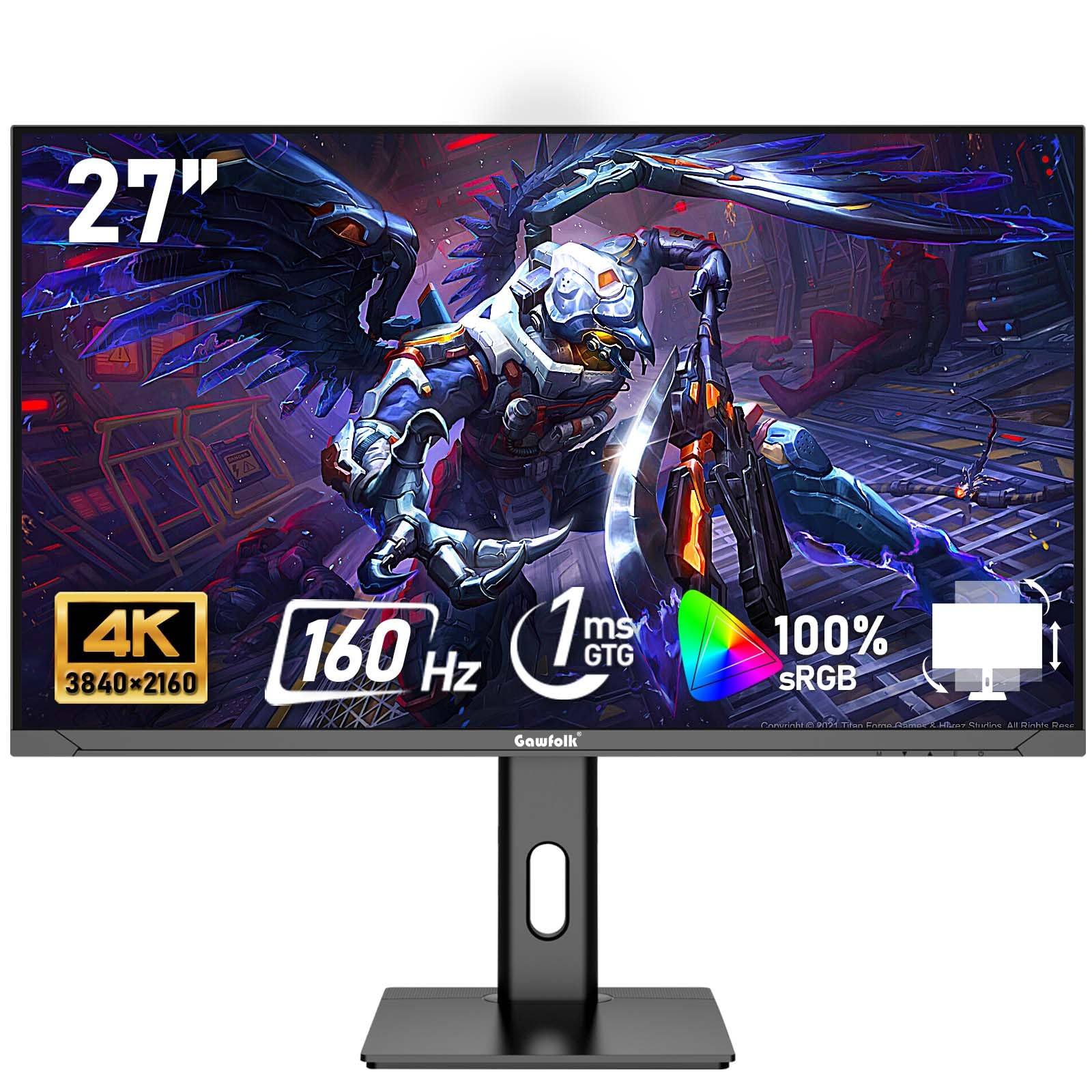 Gawfolk 27 inch IPS PC Screen,UHD 4K Gaming Monitor 160Hz, 1ms, Adaptive Sync, 100%sRGB, 178° Wide Viewing Angle, HDMI 2.1, DisplayPort,Height-adjustable and swivel,75*75MM Wall Mount Compatible-Black