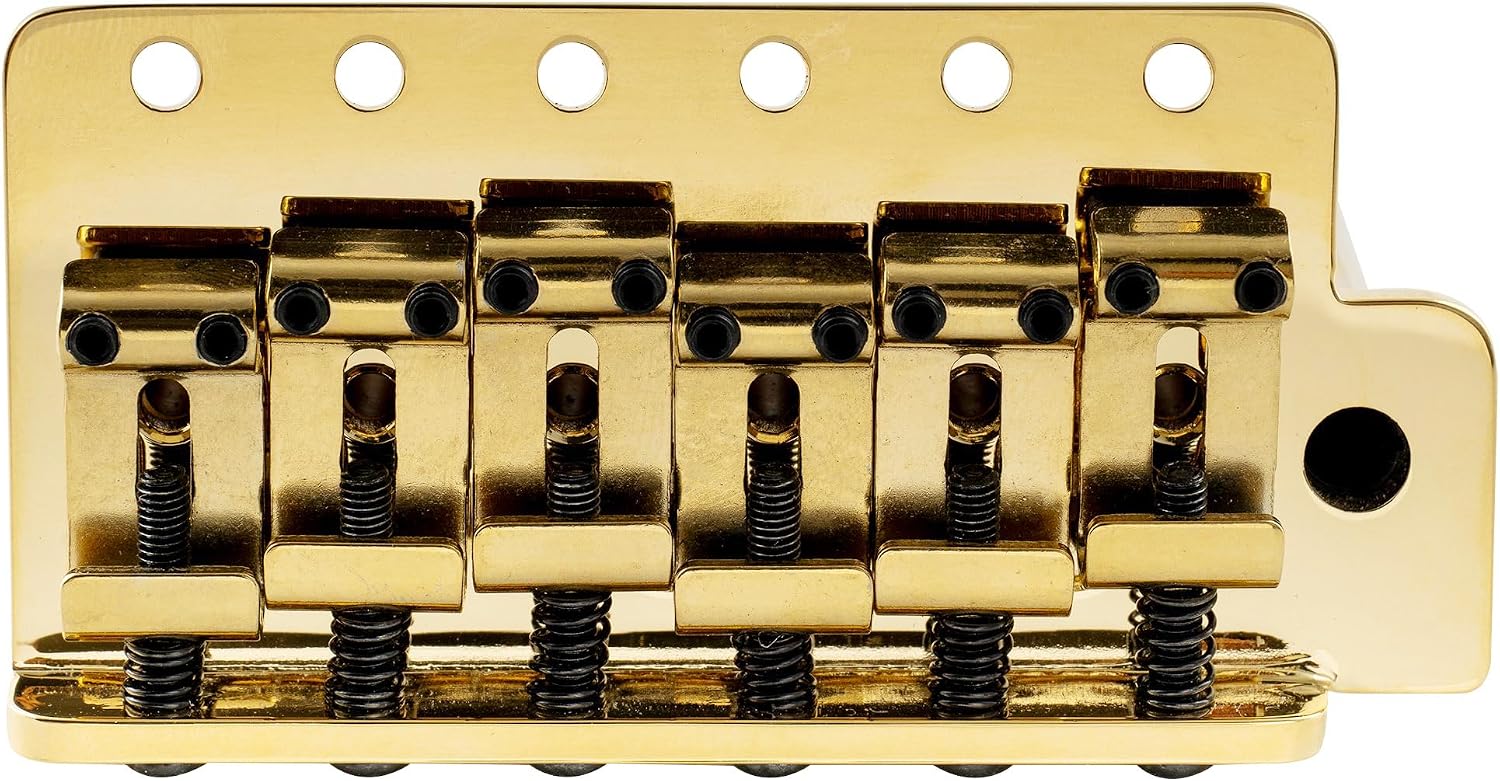 Musiclily Ultra 56mm (2-7/32 inch) American Vintage Style 6-Screw ST Tremolo Bridge with Steel Bent Saddles 42mm Solid Brass Block Push-In Arm for Strat Style Electric Guitar, Gold
