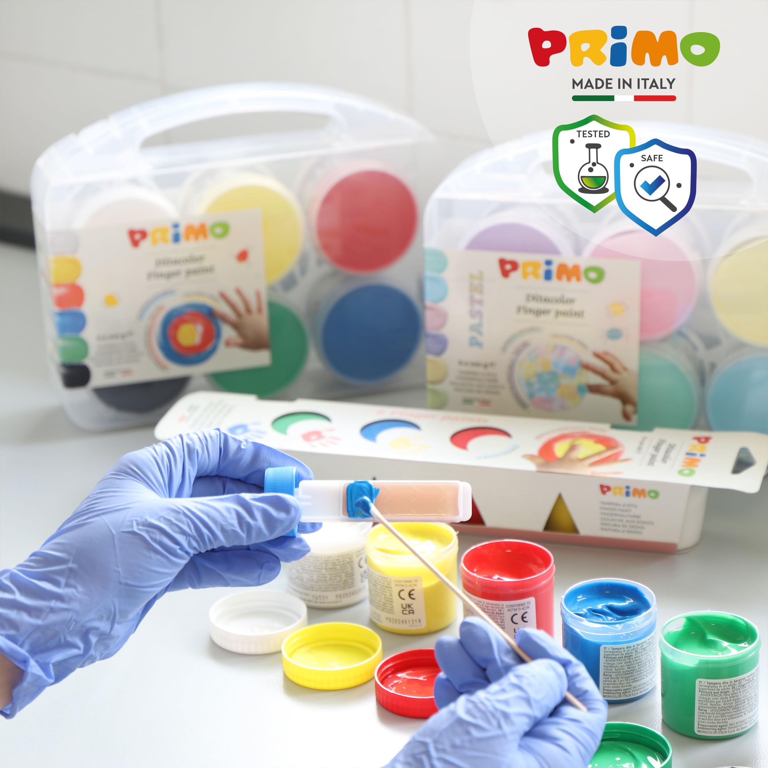 PRIMO - Valigetta Colori per Bambini +2 Anni Prima Infanzia, Tempere per Dipingere a Dita 100g 6 Colori Fluo per Carta Vetro, Tempera Pittura Cartoleria e Lavoretti Creativi Dermatologicamente Testata
