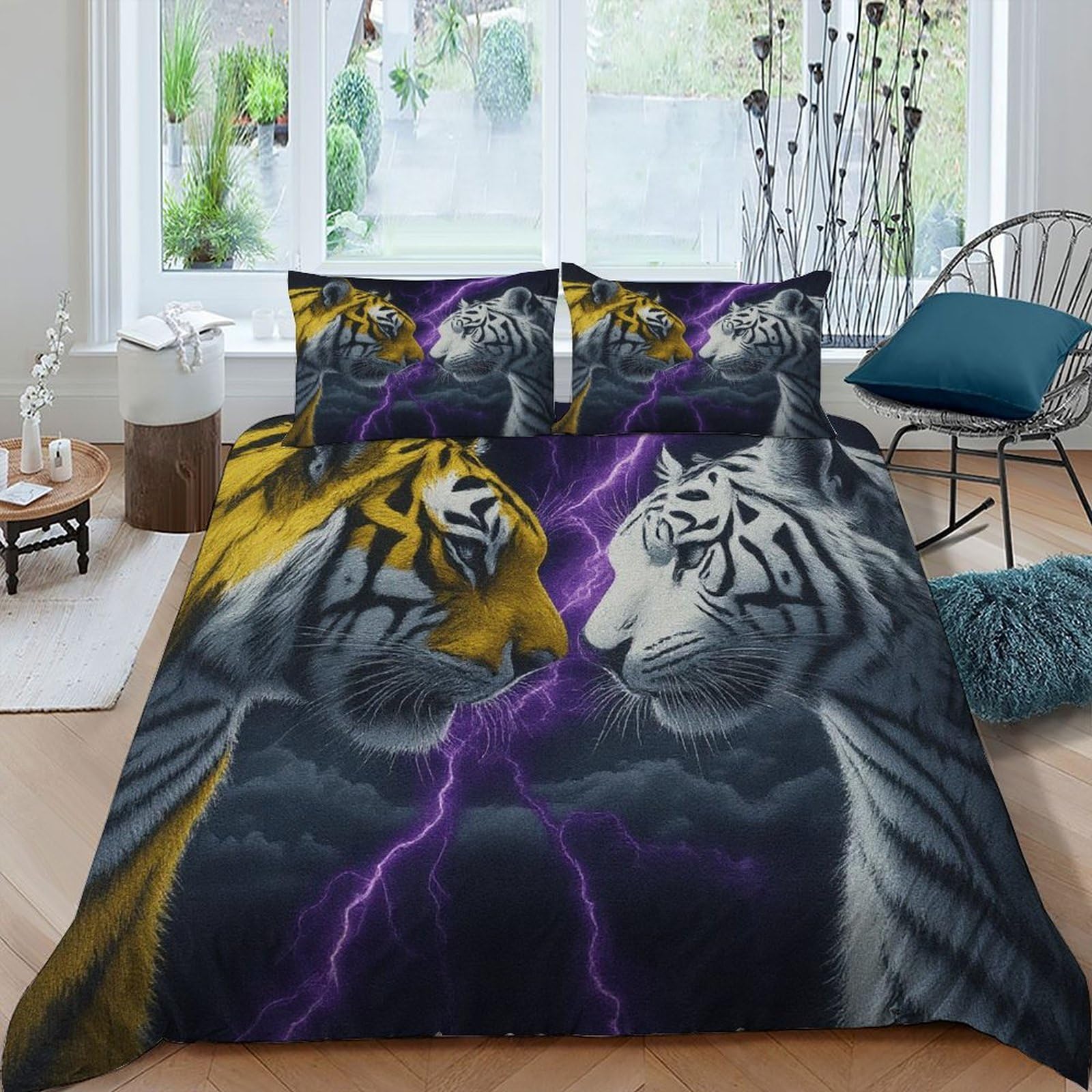 Housse de couette motif Duel Land Animals parure microfine king size 3 pièces avec couvre-lit