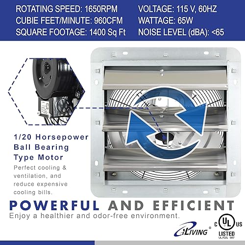 Miniatura 6 de iLiving Extractor de persiana montado en la pared de 16 pulgadas, obturador automático y ventilador de escape de persiana montado en la pared de 12