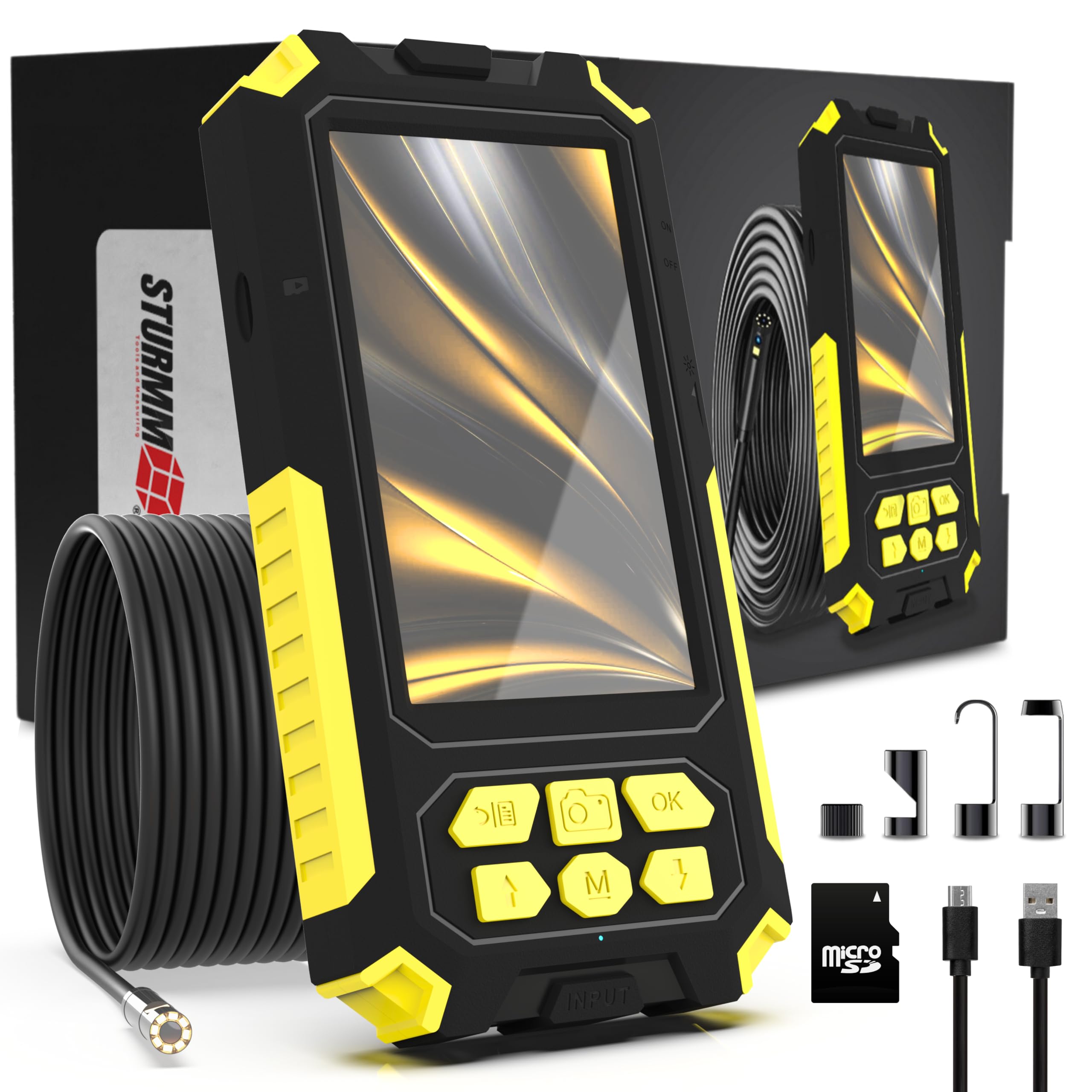 Endoscopio industriale con doppia fotocamera, cavo da 10 metri e display IPS da 4,5 pollici.