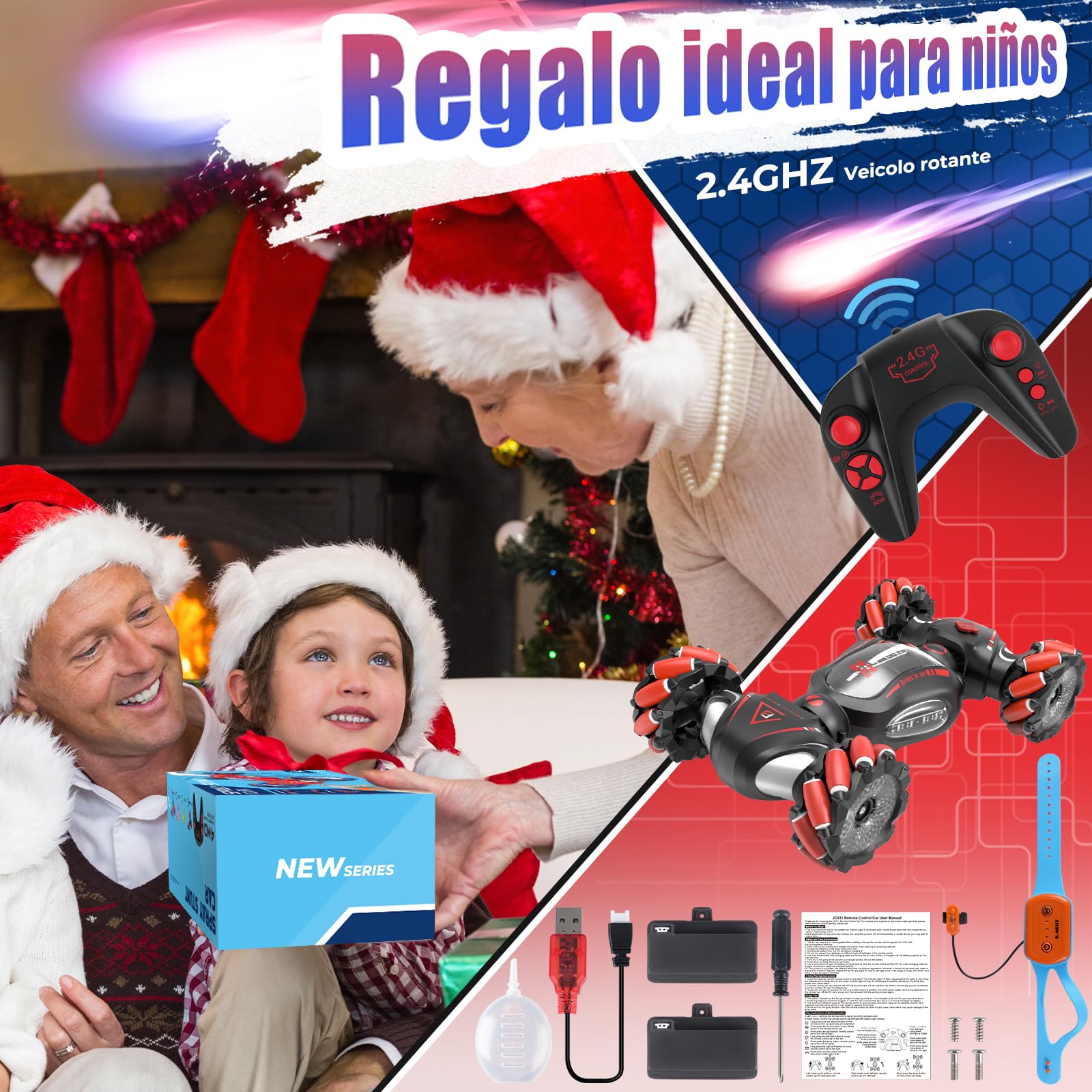 Fosgoit Coches Teledirigidos para Niños, Coche Teledirigido 4x4 2.4 GHz 360 Rotación Juguetes Coche RC con Mano Luz y Spray, Regalos Juegos para 6 7 8 9 10 11 12 años Niño Niña