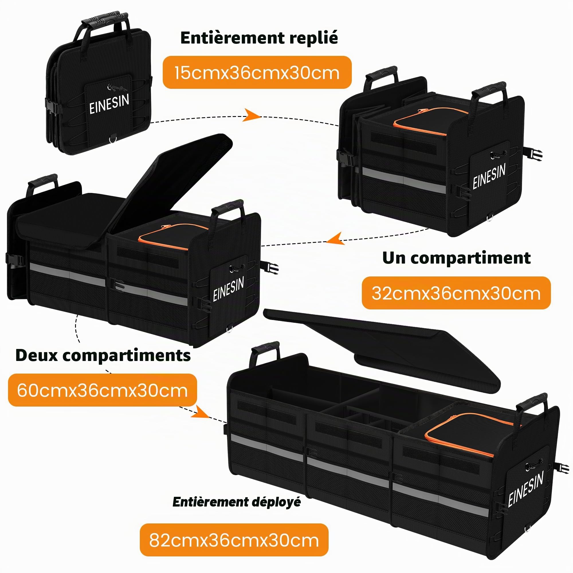 Einesin Rangement Coffre de Voiture Organisateur Coffre 88L avec 22L Sac Isolant Amovible, 7 Compartiments Ajustables, Sac De Rangement Pliable avec Couvercle, Fond Antidérapant