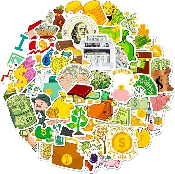 50Pcs Cute Money Wealth Stickers,Waterproof Vinyl Dollar Bill Stickers for Journaling,Laptop,Water Bottle,Planner,Scrapbook, Phone Case,Luggage,Skateboard,DIY Decor