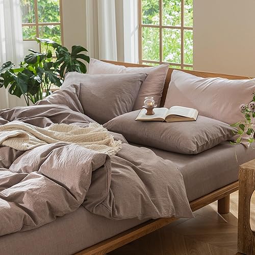 Miniatura 9 de MooMee  Juego de funda de edredón 100% algodón lavado con textura parecida al lino transpirable duradero suave cómodo (marrón malva, King)