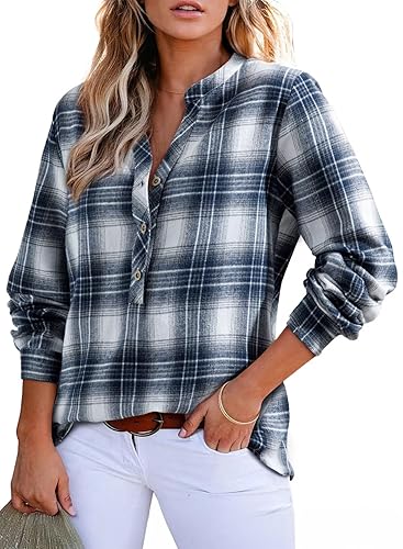 Astylish Women's V Neck Plaid Shirts Flannel Casual Blouses Button-Down
