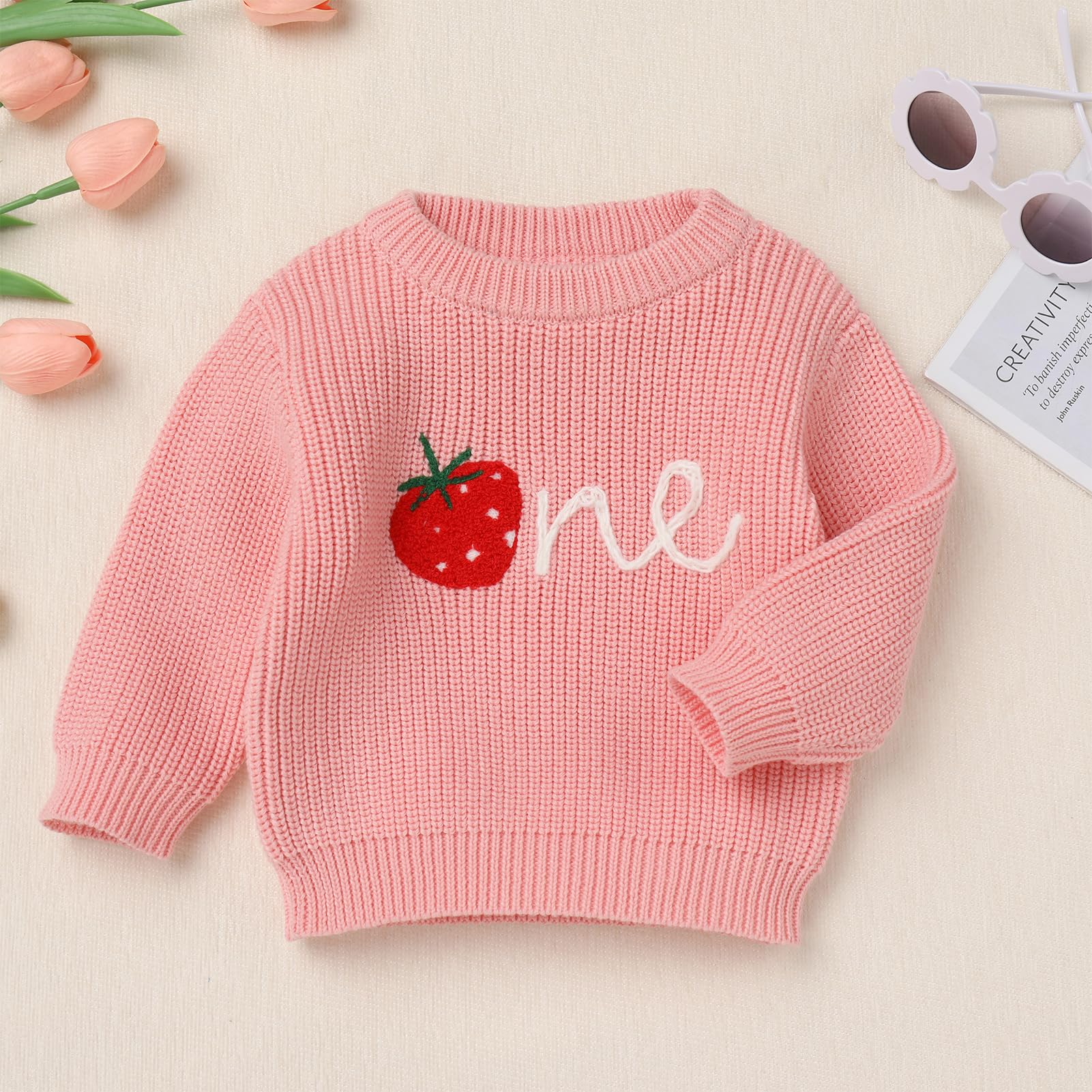 ODOLDI Berry First Birthday Outfit Pink One Strawberry Sweater Baby Cake Smash Photoshoot Long Sleeve Strawberry Knit Sweater Sweet One Birthday Outfit Pink Strawberry One 1 Year