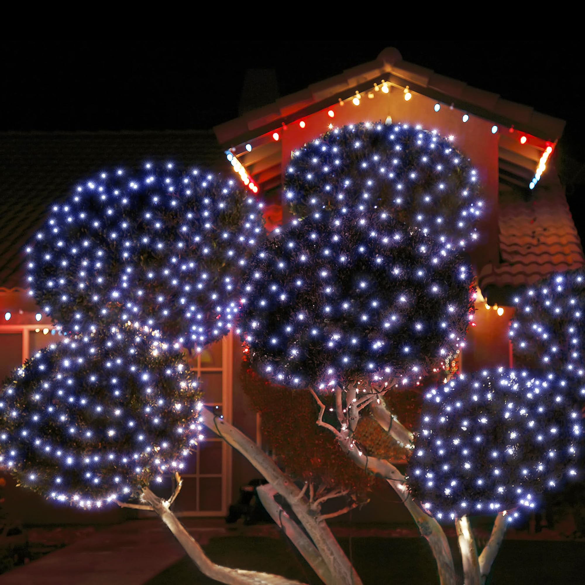 Luci natalizie a energia solare, 360 LED, 3,5 m x 2,1 m, bianco freddo, luci natalizie con telecomando, 8 modalità, timer, impermeabile e robusto, filo verde scuro per prato, cespugli, alberi,