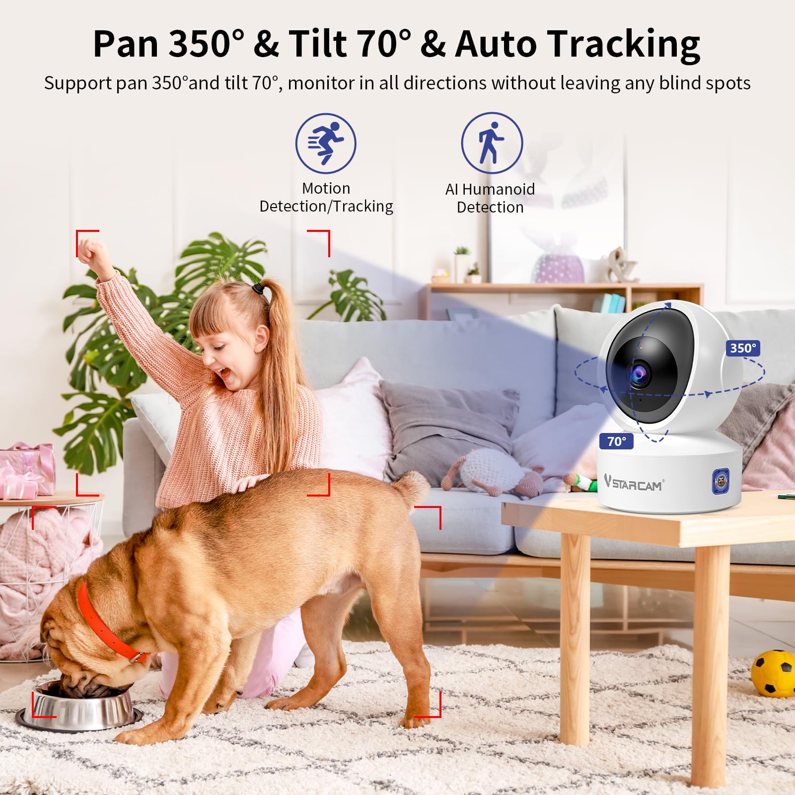 VSTARCAM Caméra interactive 720p WiFi 2,4G pour chat avec vision nocturne infrarouge et détection de mouvement