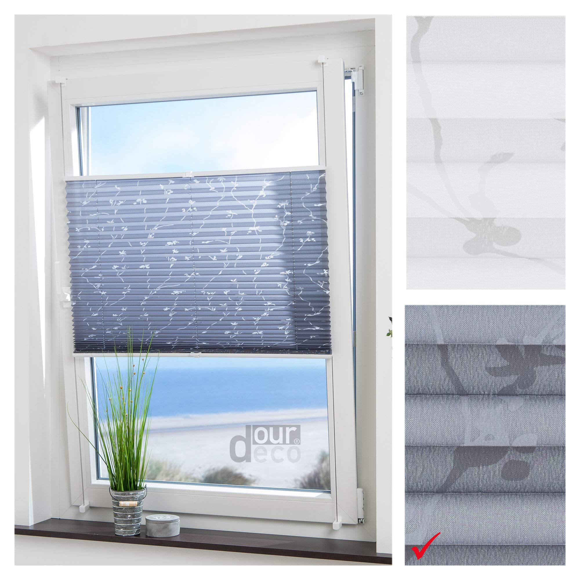 Plissee mit Blumenmotiv; 80x130 B x H in cm; Farbe: grau bedrucktes Blumenmotiv Ranke; lichtdurchlässig, Blickdicht; Klemmen, Montage ohne Bohren, Klemmfix-Plissee, Easy-to-fix
