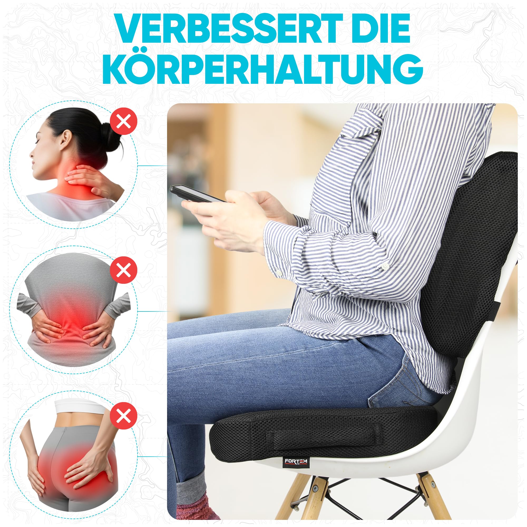 FORTEM Sitzkissen und Lendenkissen für Bürostuhl, Sitzpolster, Memory-Schaum Rückenkissen, Lordosenstütze Auto, Rutschfestes Sitz- und Rückenpolster für Gaming, Autositzkissen, Stuhlauflage