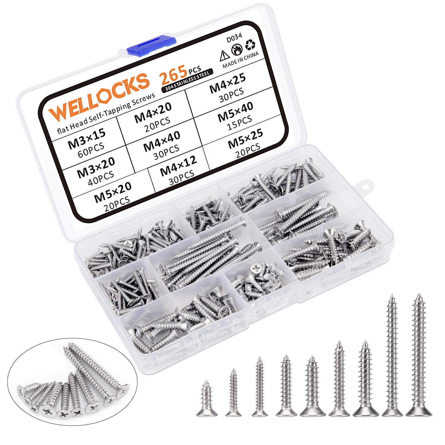 Buy WELLOCKS Wood Screws 265 PCS 304 Stainless Steel M3/M4/M5 Self
