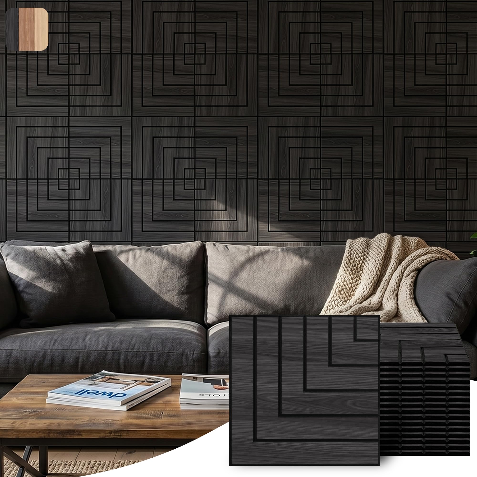 WoveN SounD Acoustic Wall Panels, Black Oak, 16 Pack, 12x12 in