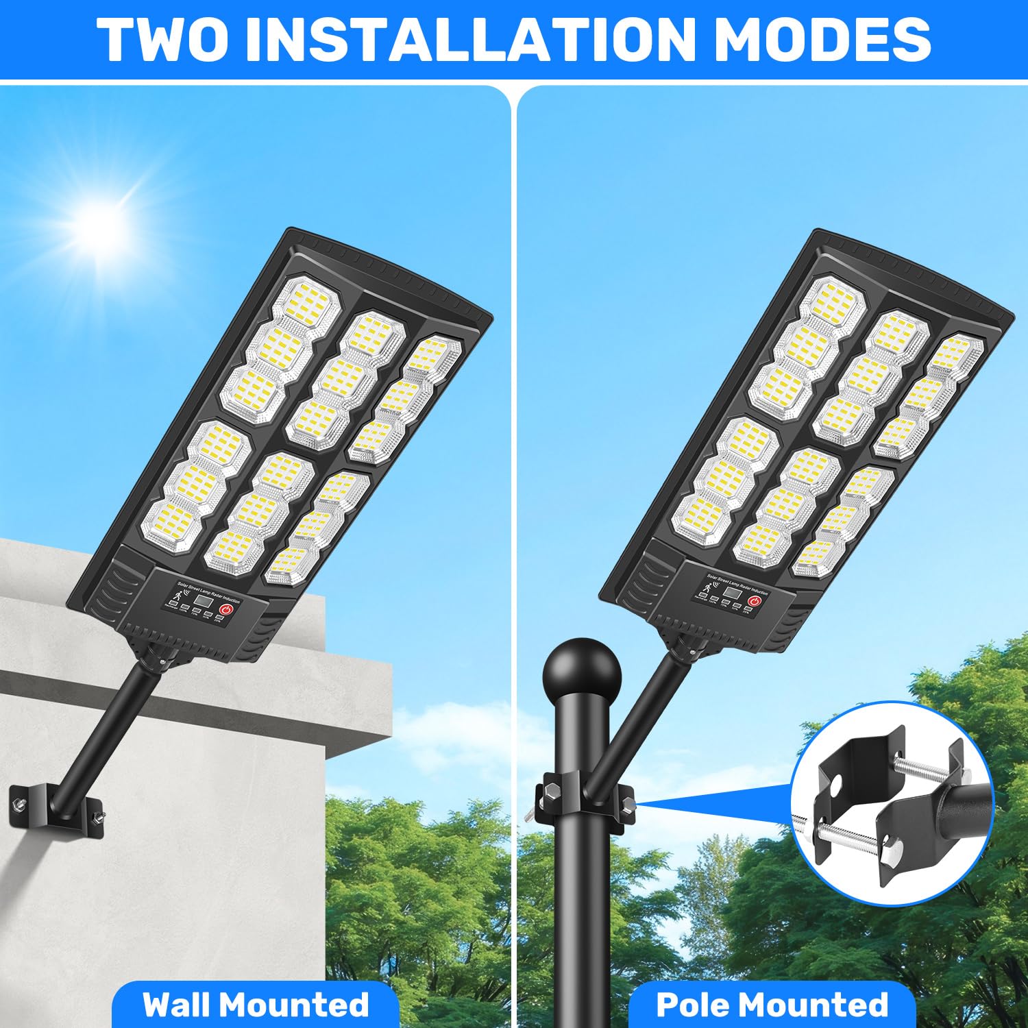 Solar-Straßenlaternen für Außen 800W 6500K, Wasserdichte LED Solarleuchten mit Bewegungsmelder & Fernbedienung, Solar-Straßenleuchten geeignet für Straßen, Parkplätze, Höfe, Garagen, 2 Stück