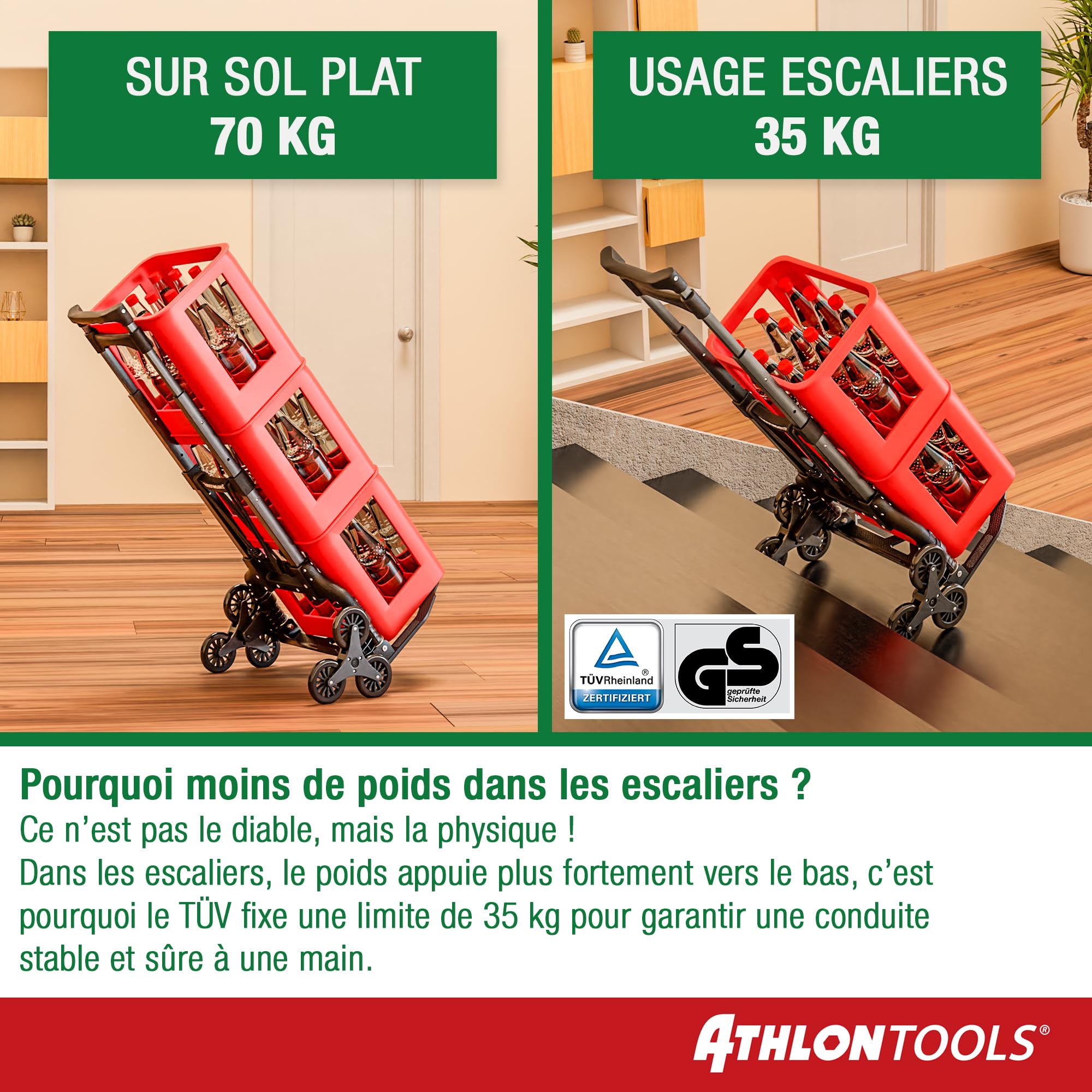 ATHLON TOOLS Diable Pliable en Aluminium avec Patins antidérapants TÜV GS-certifié- Roues avec Surface de roulement Douce - avec 2 Cordes d'expansion - modèle 2025