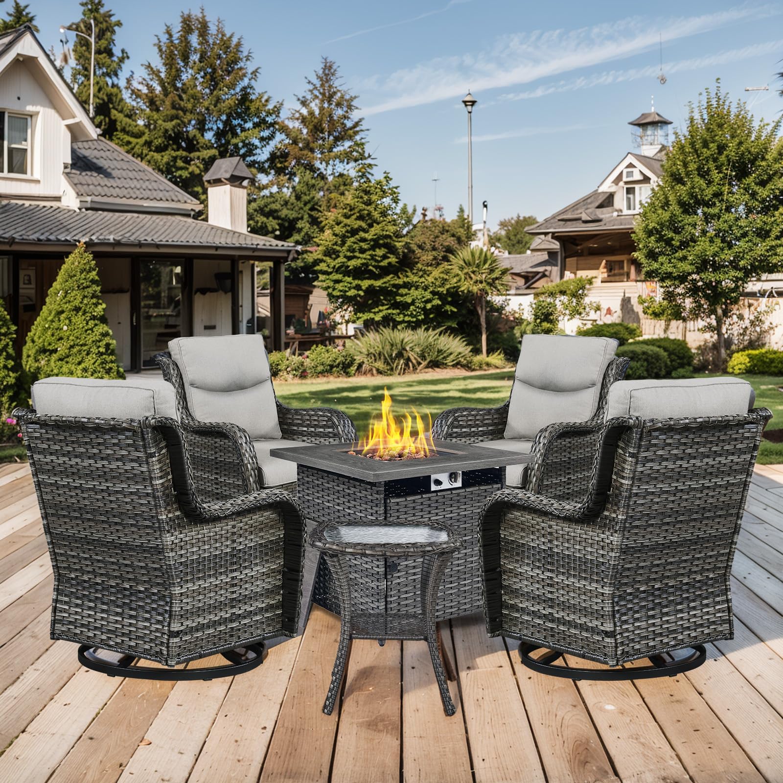 Bellefurn Patio Luxury Conversation Set - 6PCS Resin Wicker Swivel Chairs, 4 Chairs With Rattan Side Table and 30in Square Fire Table - Grey Wicker|