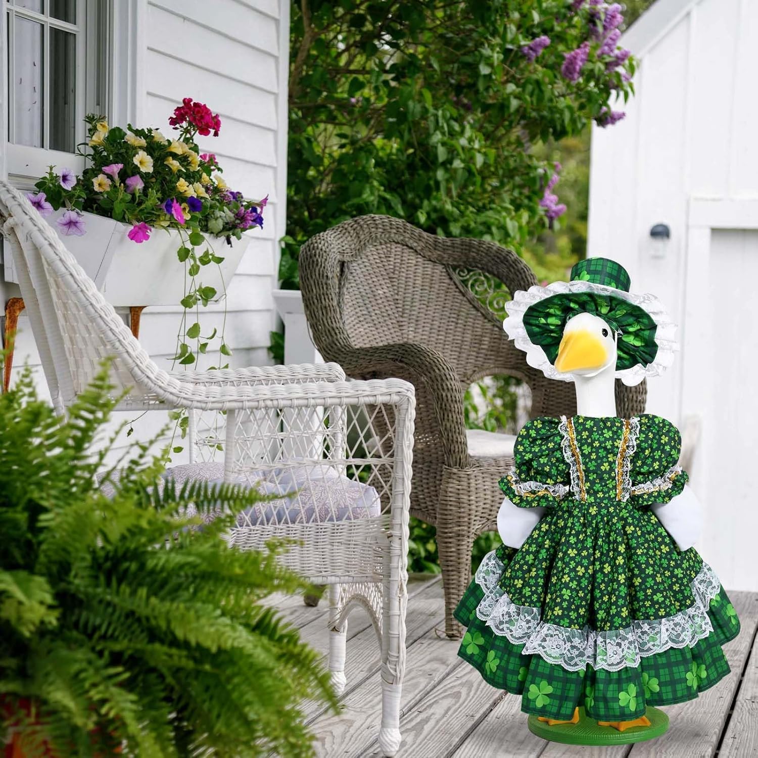 JcHrmers St. Patrick's Day Porch Goose Outfits Irish Clover Goose Outfit Lolita Lawn Porch Goose Clothes Fits 23" Cement Plastic Goose Statue for St. Patrick's Day Outdoor Garden Yard Patio Art Decor