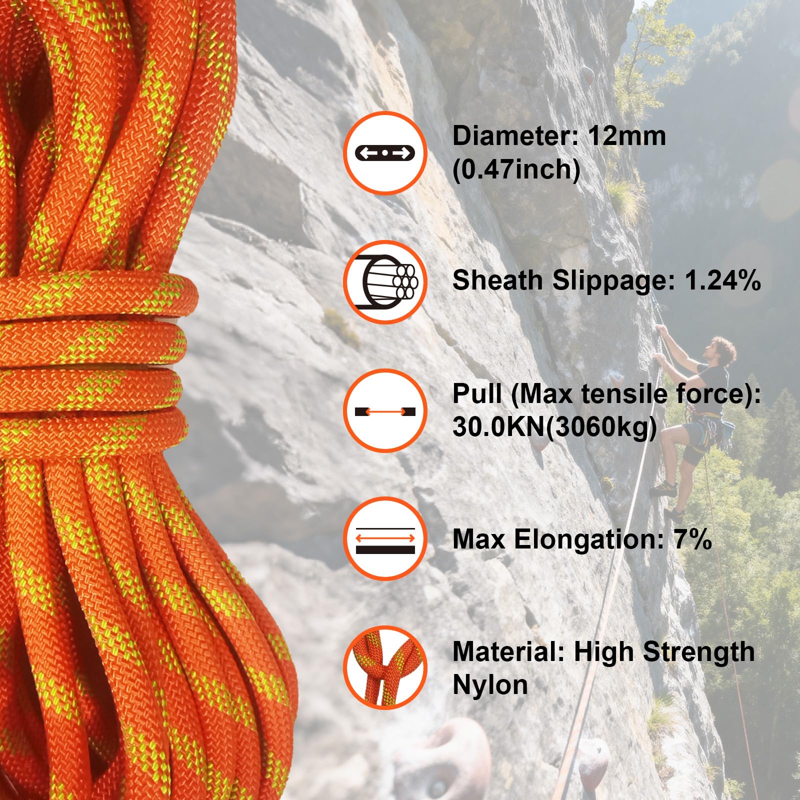 corda arrampicata 12mm 60m certificata UIAA per sicurezza | Corda nylon resistente antiusura per arrampicata, spedizioni e lavori esterni, arancione riflettente
