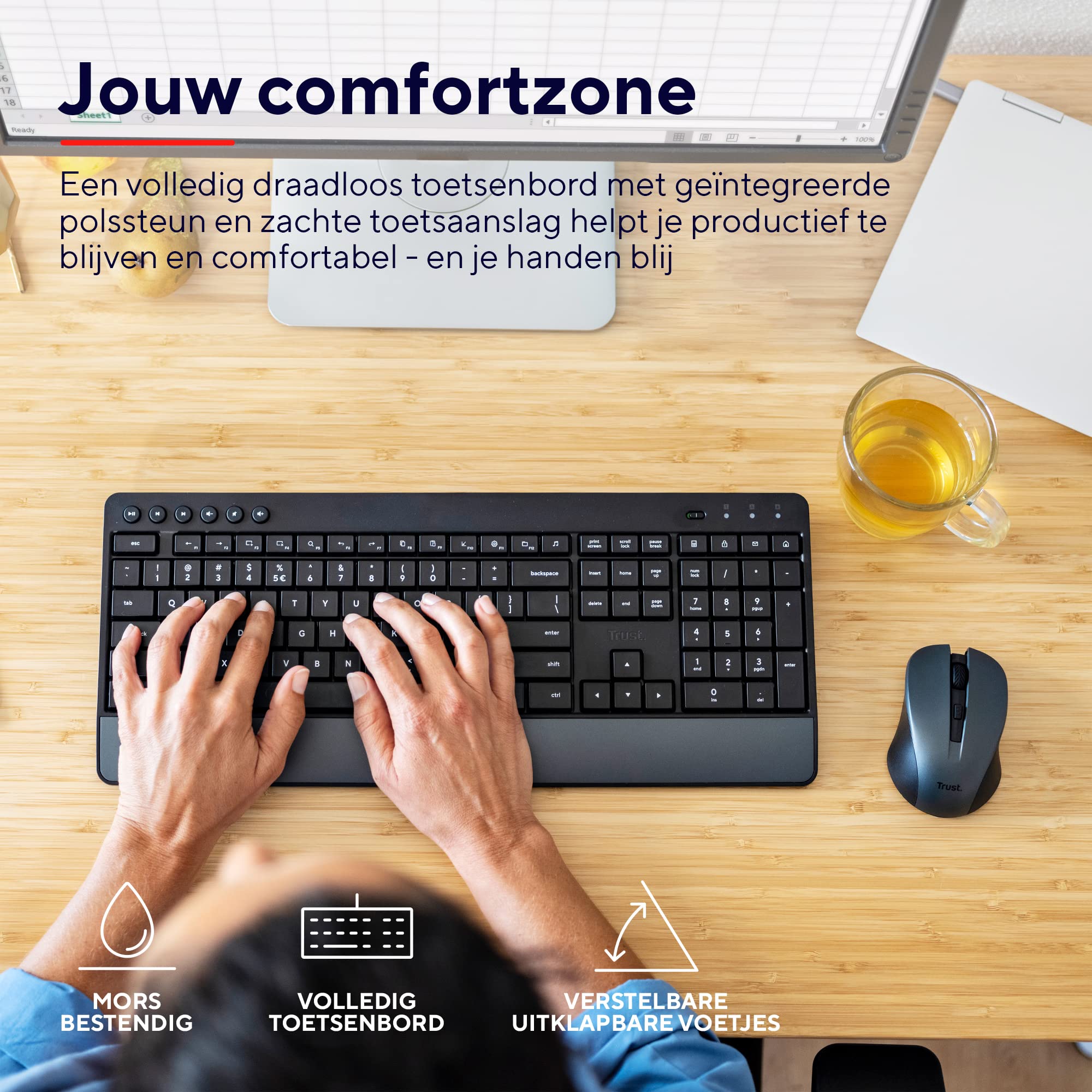 Trust Trezo zestaw bezprzewodowej klawiatury, NL/US QWERTY Layout, zrównoważone wzornictwo, cicha i ergonomiczna kombinacja, czas pracy baterii 48 miesięcy, 2,4 GHz, PC, laptop