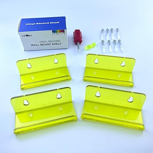 Miniatura 3 de Estante de exhibición para discos de vinilo de 4 pulgadas, paquete de 4 soportes para discos de vinilo montado en la pared (4, amarillo)