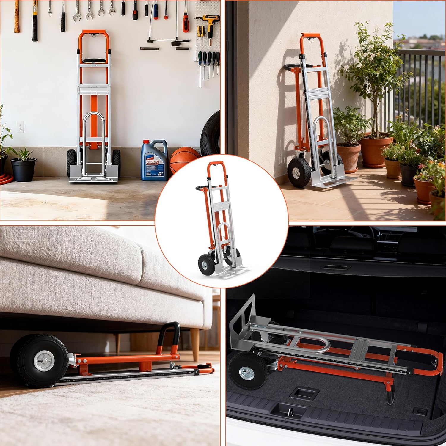 Aluminum 3 in 1 Convertible Hand Truck-Orange Dolly for Moving, 800Lbs Capacity, Heavy Duty Folding Hand Truck Dolly Cart with Wheels,Handtruck for Logistics, Shopping, Home, Office Moving