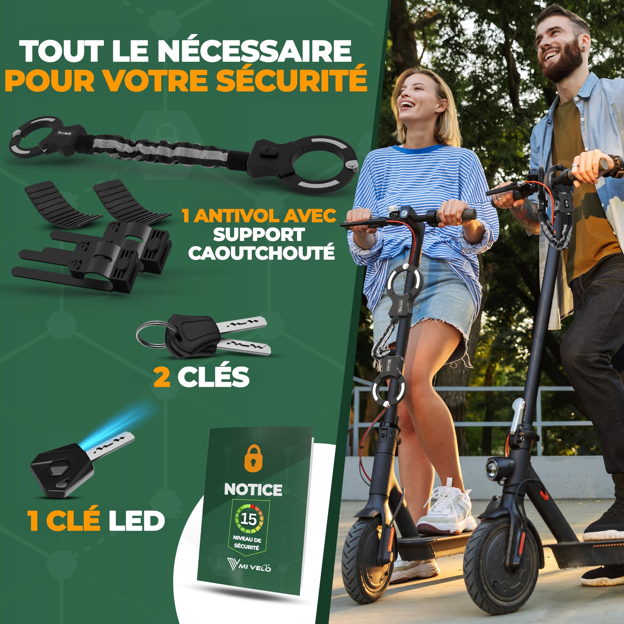 MIVELO Antivol de scooter électrique extra sûr - Cadenas à chaîne I Menottes pour scooter électrique I Haute sécurité - Avec support I Serrure E-Roller