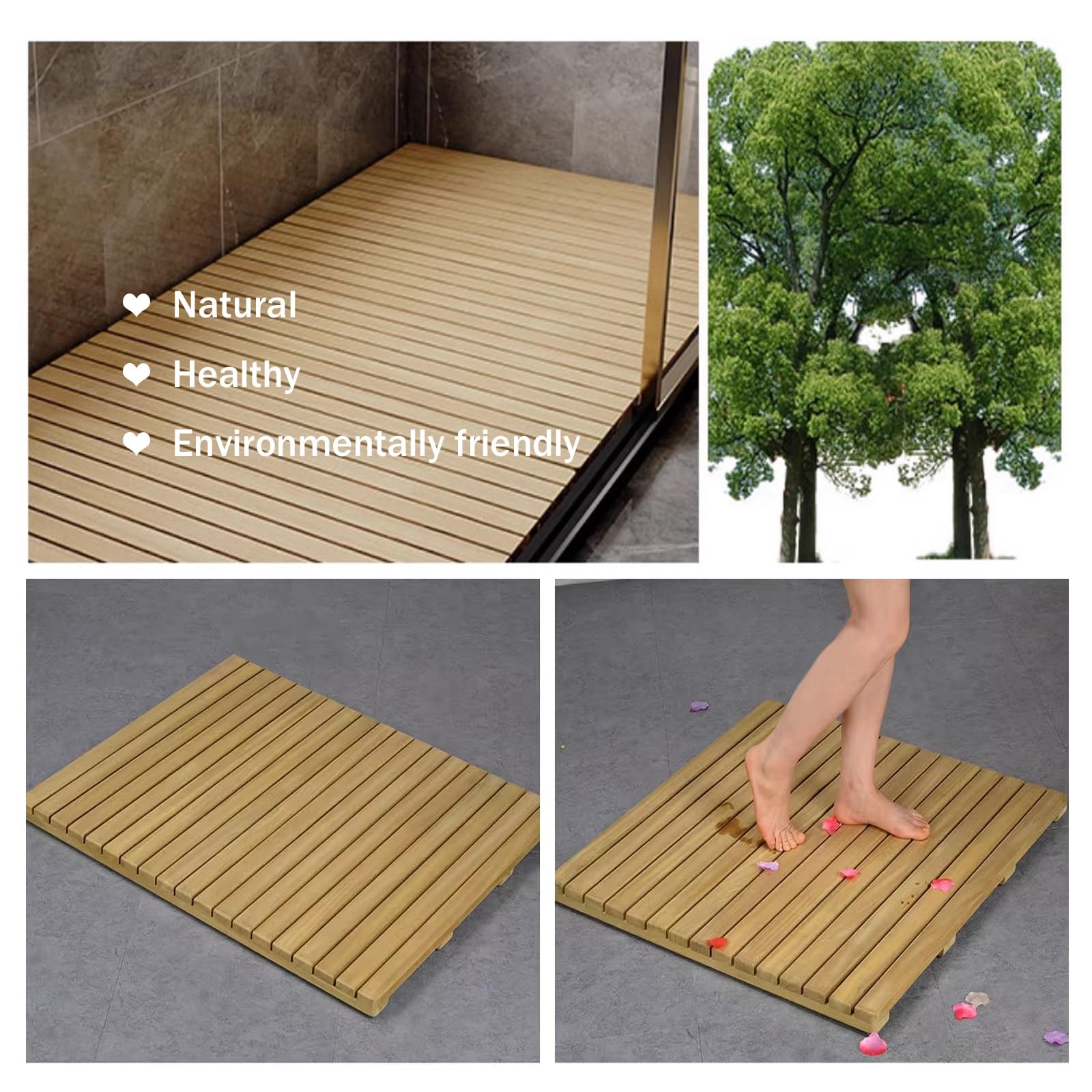 QWEASDF Pedana Doccia Legno， Tappetini da Doccia，pedana Legno Doccia，Pedana Doccia in bambù, Tappetino Antiscivolo per la Vasca e la Sauna, Interno e Esterno, Naturale(W50xL80cm/W20xL.31in)