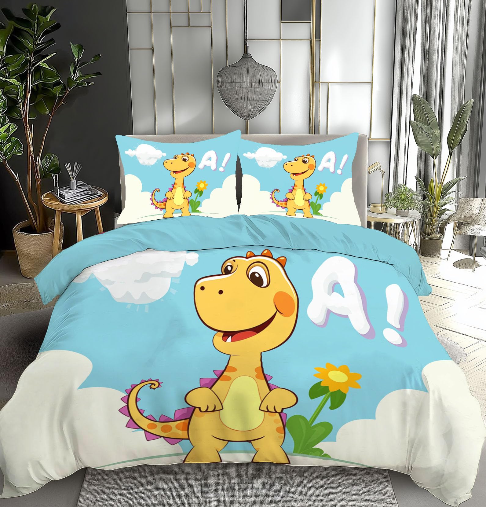 Housse de Couette 220x240 Dinosaure bleu ciel pour créer un cocon ludique et apaisant