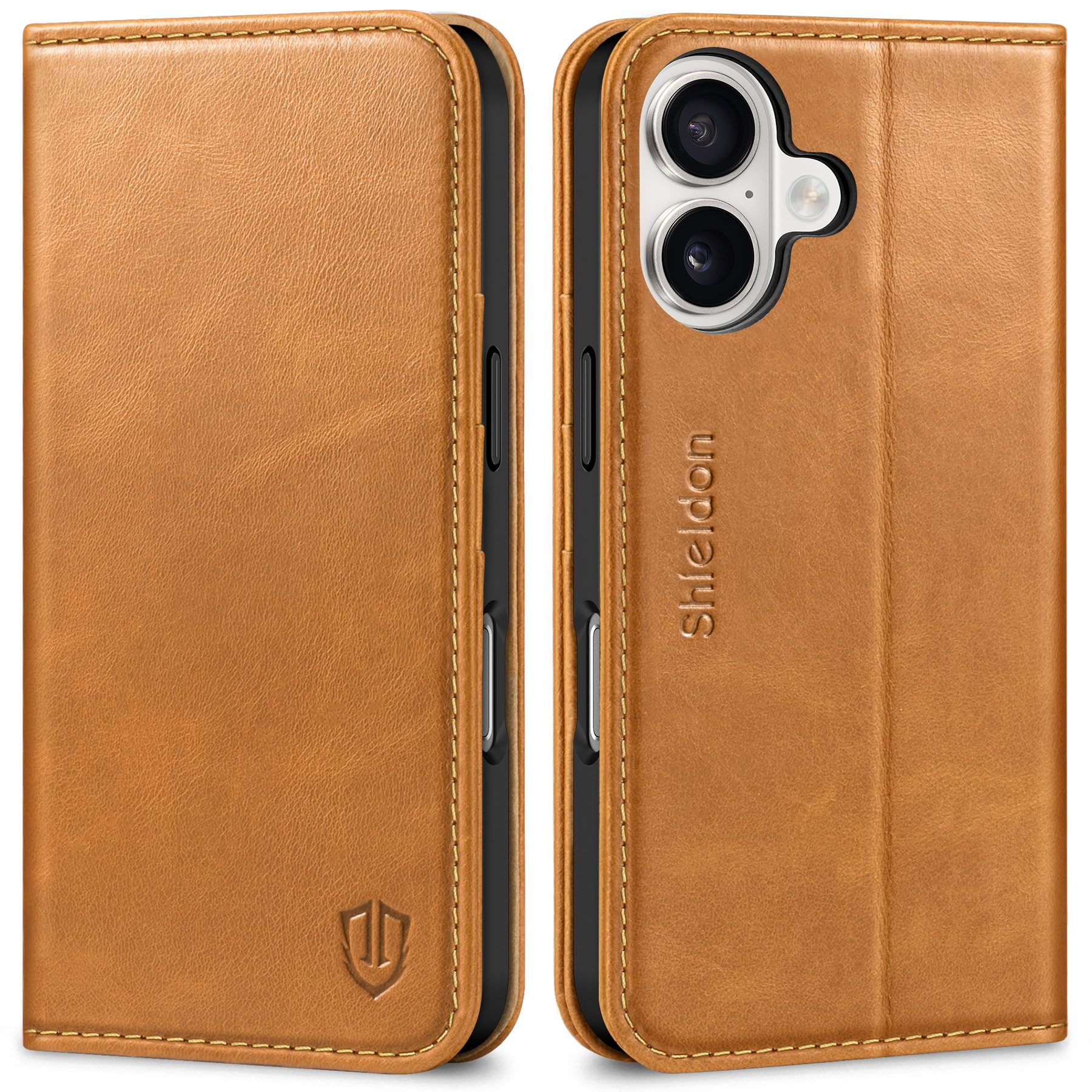 SHIELDON Case for iPhone 16 2024, Genuine Leather Magnetic Folio Wallet [RFID Blocking Credit Card Slots] Kickstand Shockproof Soft Phone Holder Case