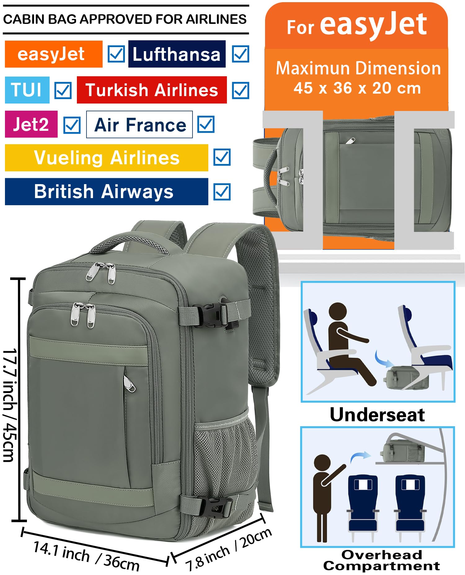 Reiserucksack für Easyjet Kabinentasche, 45 x 36 x 20 cm, leichtes Handgepäck, passend für 14-Zoll-Laptop, ideales Untersitz-Zubehör für Flugzeugflüge, grün, 45 x 36 x 20cm-30L