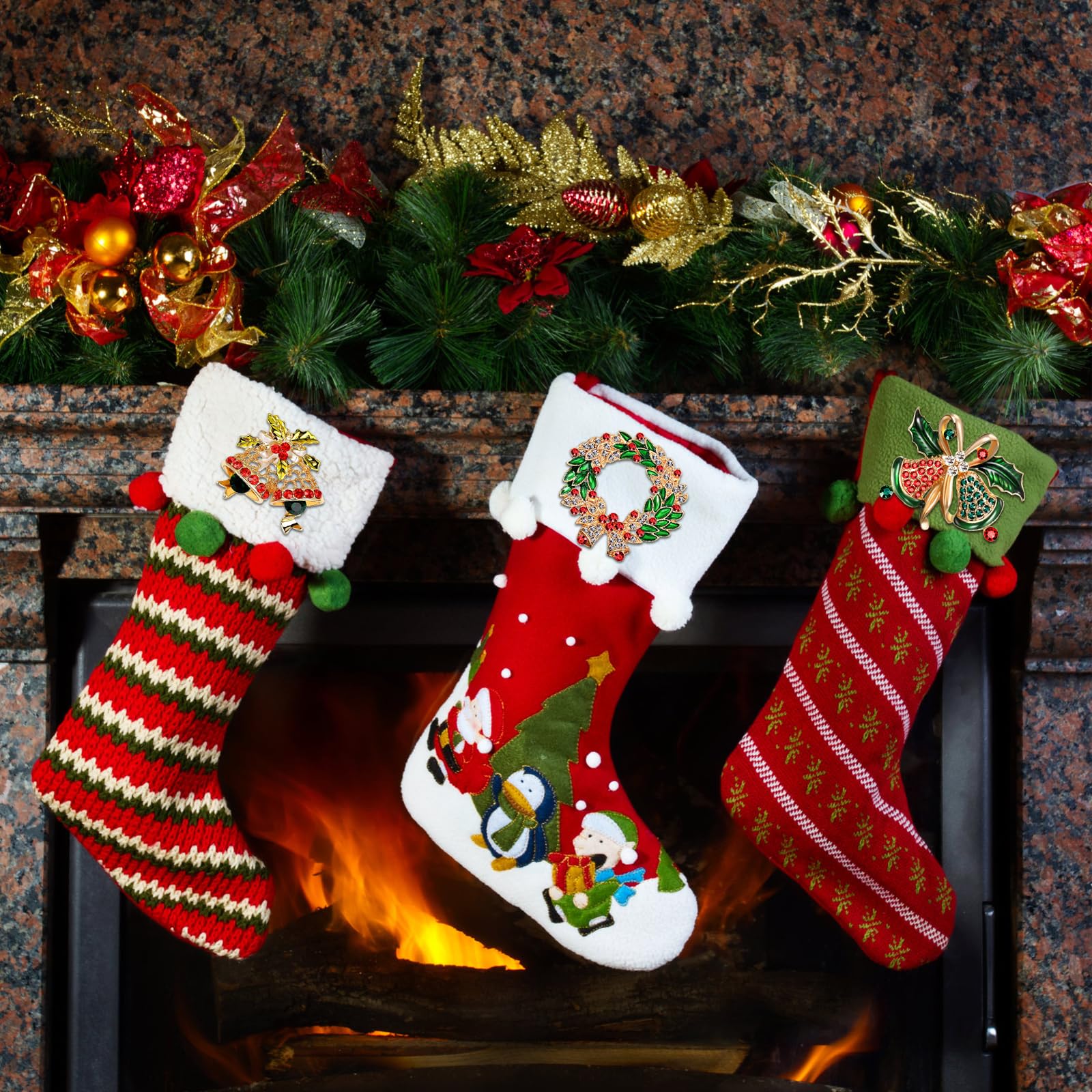 Juego de 12 broches de Navidad para mujer, con diamantes de imitación, corona de árbol de Navidad, muñeco de nieve, reno, adorno de Navidad, regalo, Acero inoxidable, amazonita