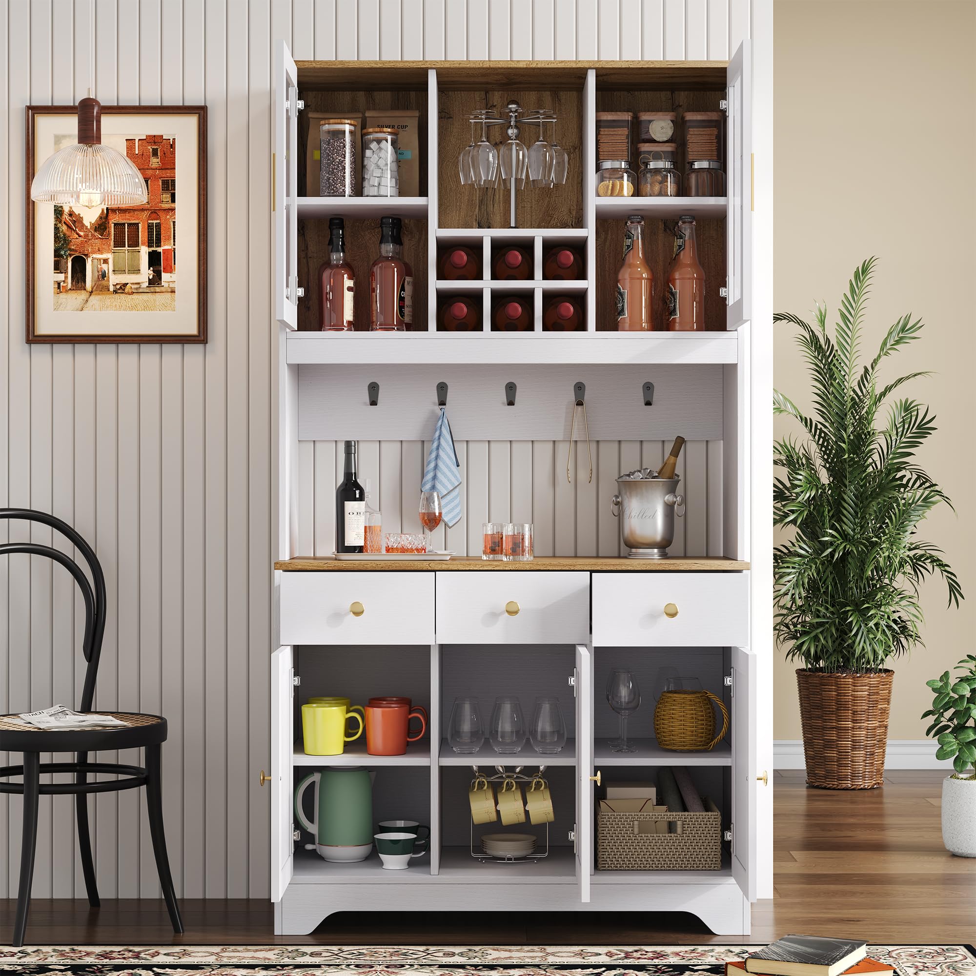 Azkoeesy Mobile Dispensa Cucina, Credenza Alta Cucina, 95x40x175 cm, 3 Cassetti, 3 Porta trasparente in acrilico, Portabottiglie, 5 Ganci, bianco + maniglie in metallo oro