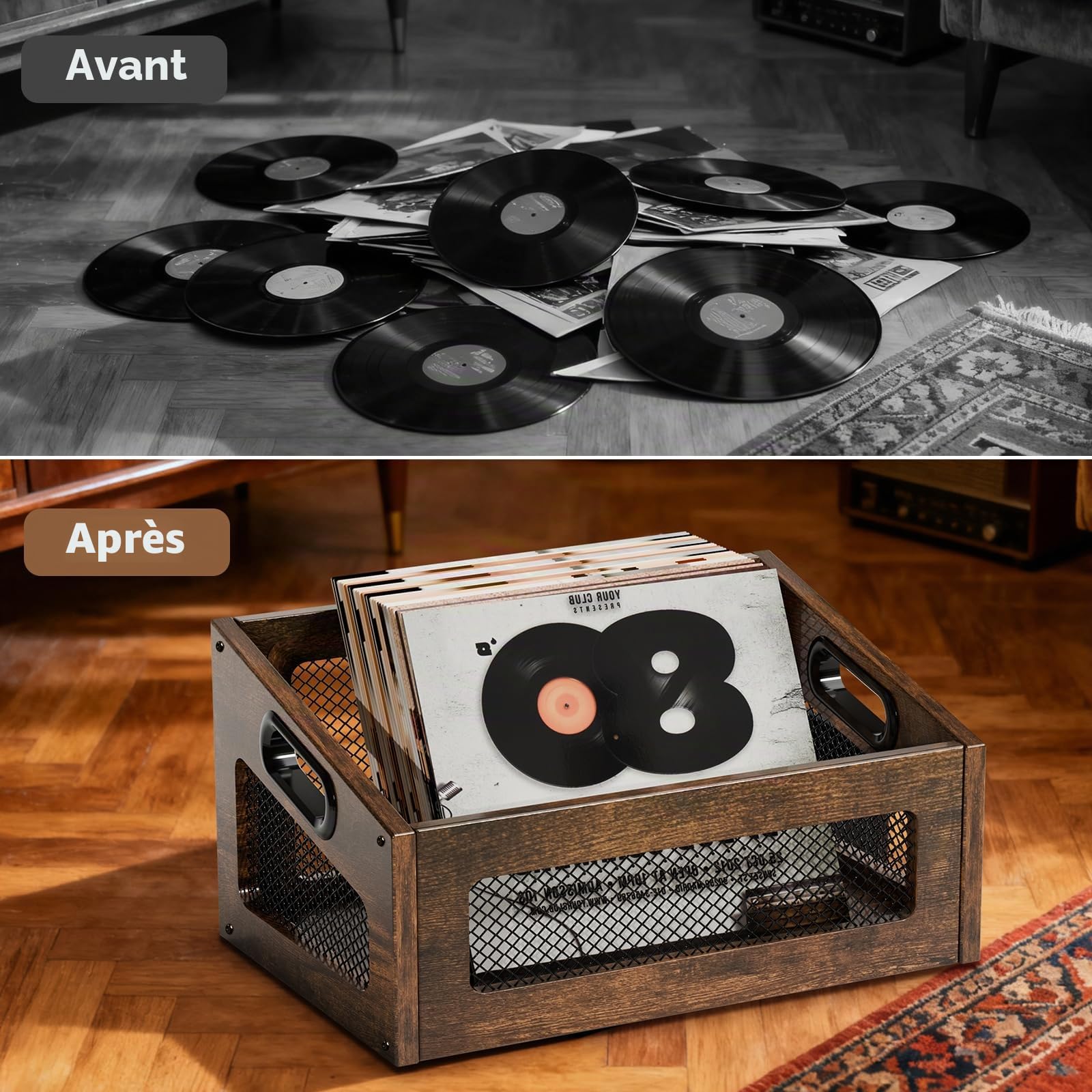 Support pour disques vinyles Rangement, caisse pour disques vinyles - rangement, livres et albums, 40 x 30 x 24 cm