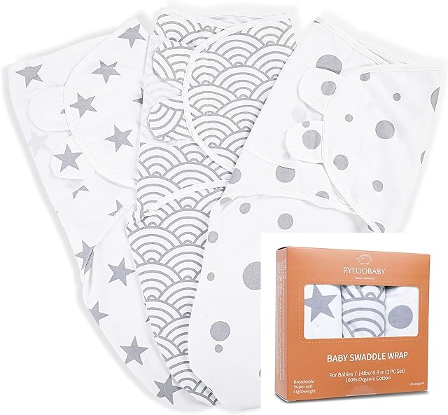RYLOOBABY Baby Swaddle Blanket Wrap Newborn & Infant, 0-3 Months, 100% Breathable Organic Cotton Swaddles, Adjustable Set 3 Pack