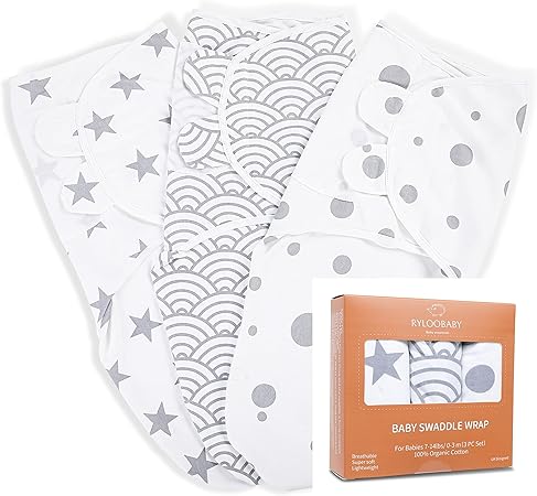 RYLOOBABY Nursery,Bedding,Blankets & Swaddlers,Swaddles RYLOOBABY Baby Swaddle Blanket Wrap Newborn & Infant, 0-3 Months, 100% Breathable Organic Cotton Swaddles, Adjustable Set 3 Pack