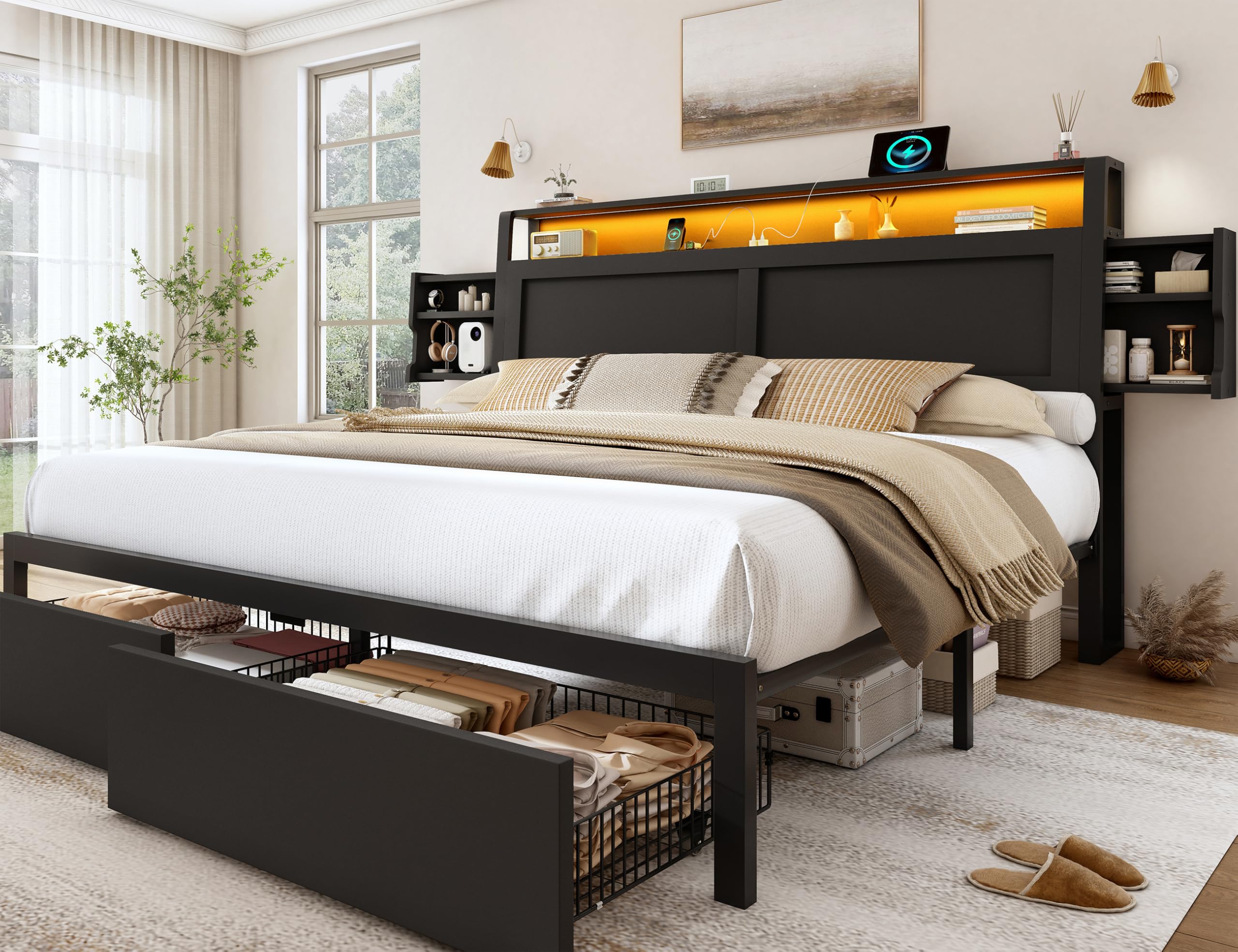 king size bed frame with storage drawers and ergonomic headboard,2-tier hidden storage,wooden platform bed frame with charging station and led lights,no box spring needed,easy assembly,black