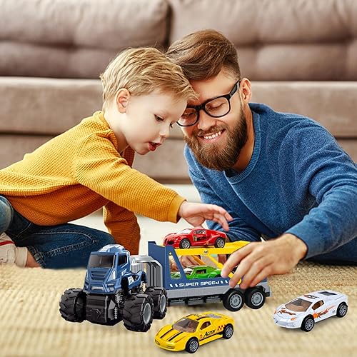 Miniatura 7 de Ynybusi Camión de juguete para niños de 1, 2, 3, 4, 5 años, 5 en 1, camión de transporte grande con 4 autos pequeños de aleación, regalos de