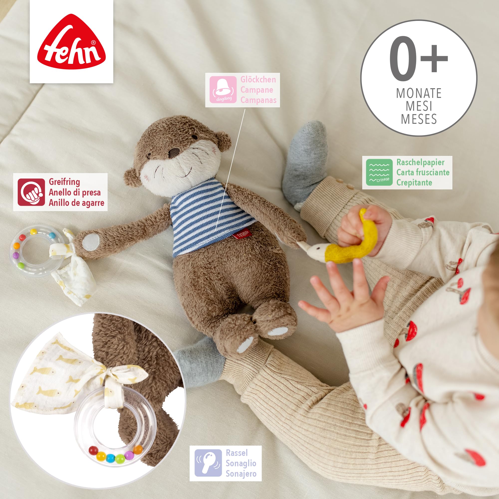 Fehn Activity-Otter – Motorikspielzeug zum Aufhängen mit spannenden Anhängern zum Greifen und Geräusche erzeugen für Babys und Kleinkinder ab 0+ Monaten