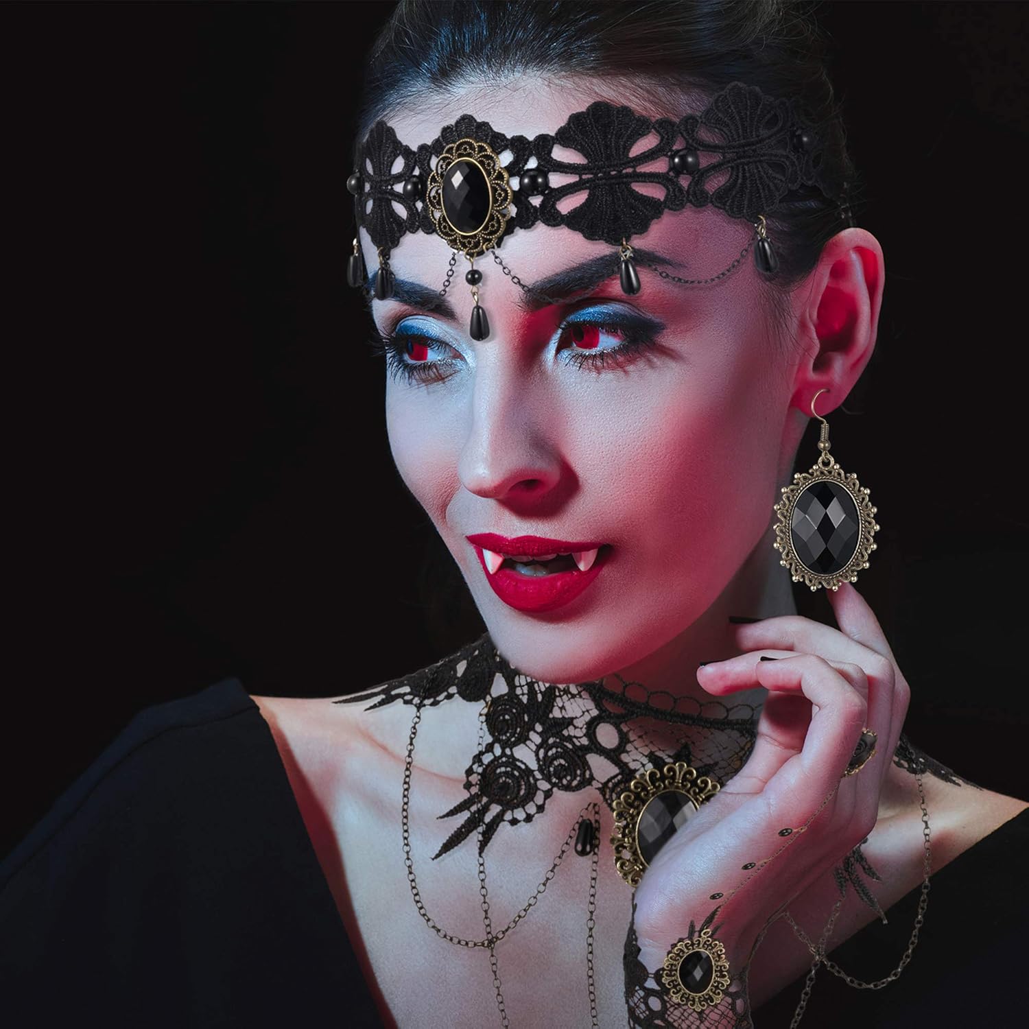 Hicarer 8 Pieces Halloween Vampire Costume Gothic Jewelry Set Teeth Fangs Choker Earrings Bracelets Gothic Costume Accessories for Victorian Halloween Party Vampire Cosplay Party Supplies - Image 5