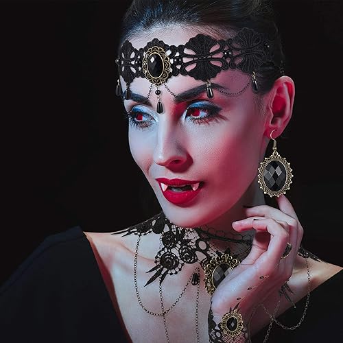 Vista 5 de 8 piezas de Halloween de dientes de vampiro colmillos de vampiro, gargantilla, pulseras góticas de disfraz para vampiro victoriano, fiesta