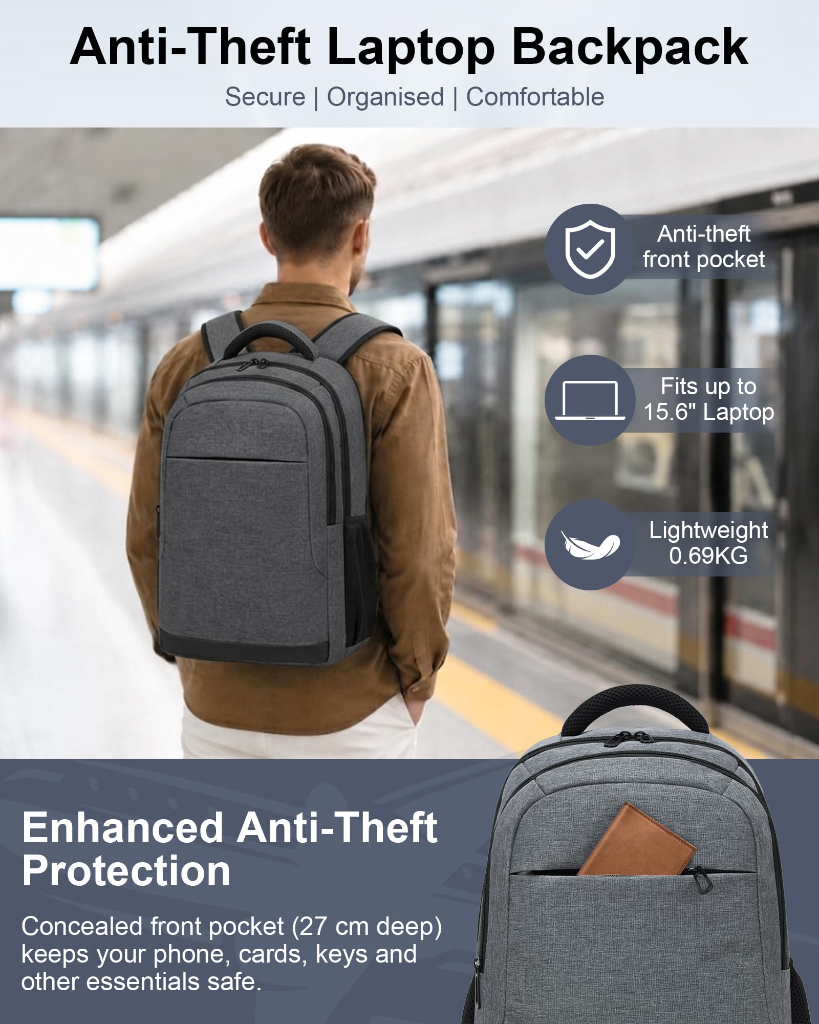 Mochila Portátil 15,6 Pulgadas Hombre Mujer, Mochila Trabajo con Compartimento PC Apertura Completa, Ligera Antirrobo para Viaje Oficina Universidad Diario (Gris)