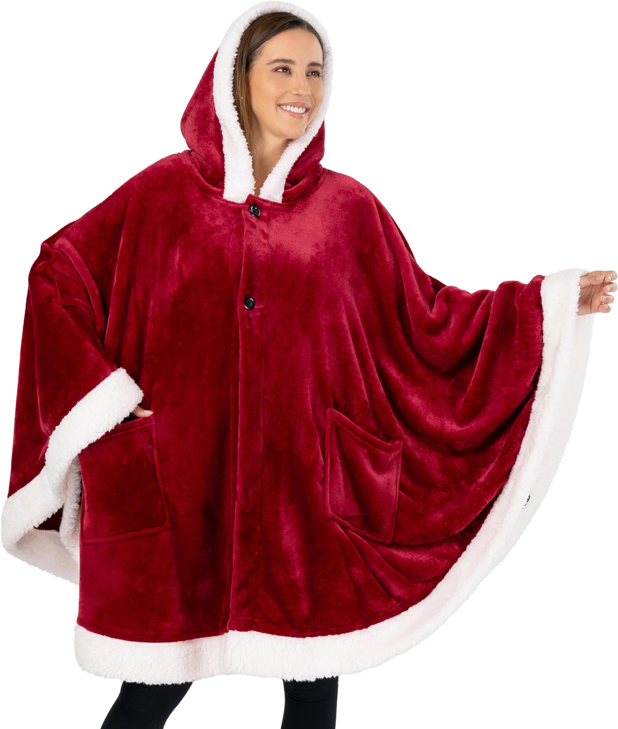 PAVILIA Hooded Blanket Poncho, Women Fleece Shawl Wrap with Hood, Wearable Blanket Cozy Warm Poncho Cape Throw with Pockets, Gift for Elderly Mom, Wine Red
