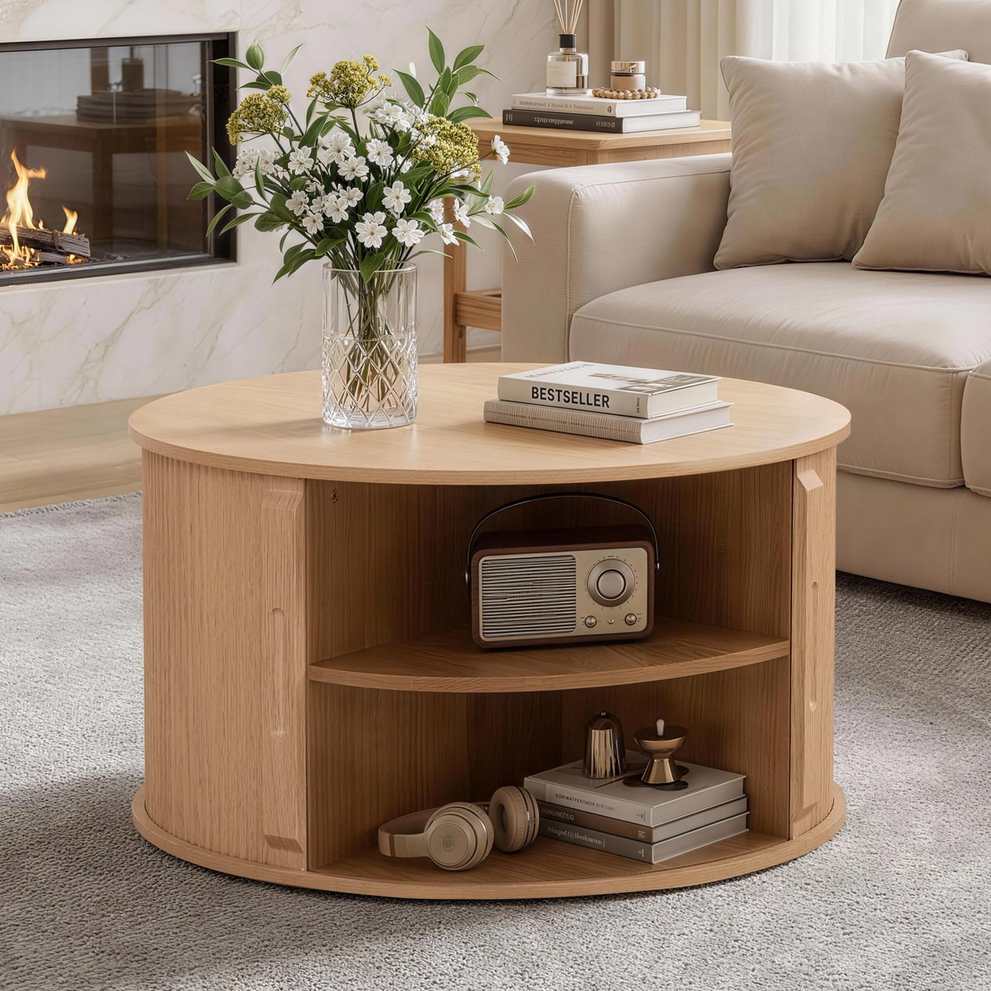 Round Coffee Table with Storage 31 5 W Fluted Center Tables for Living Room Modern Oak Wooden Circle