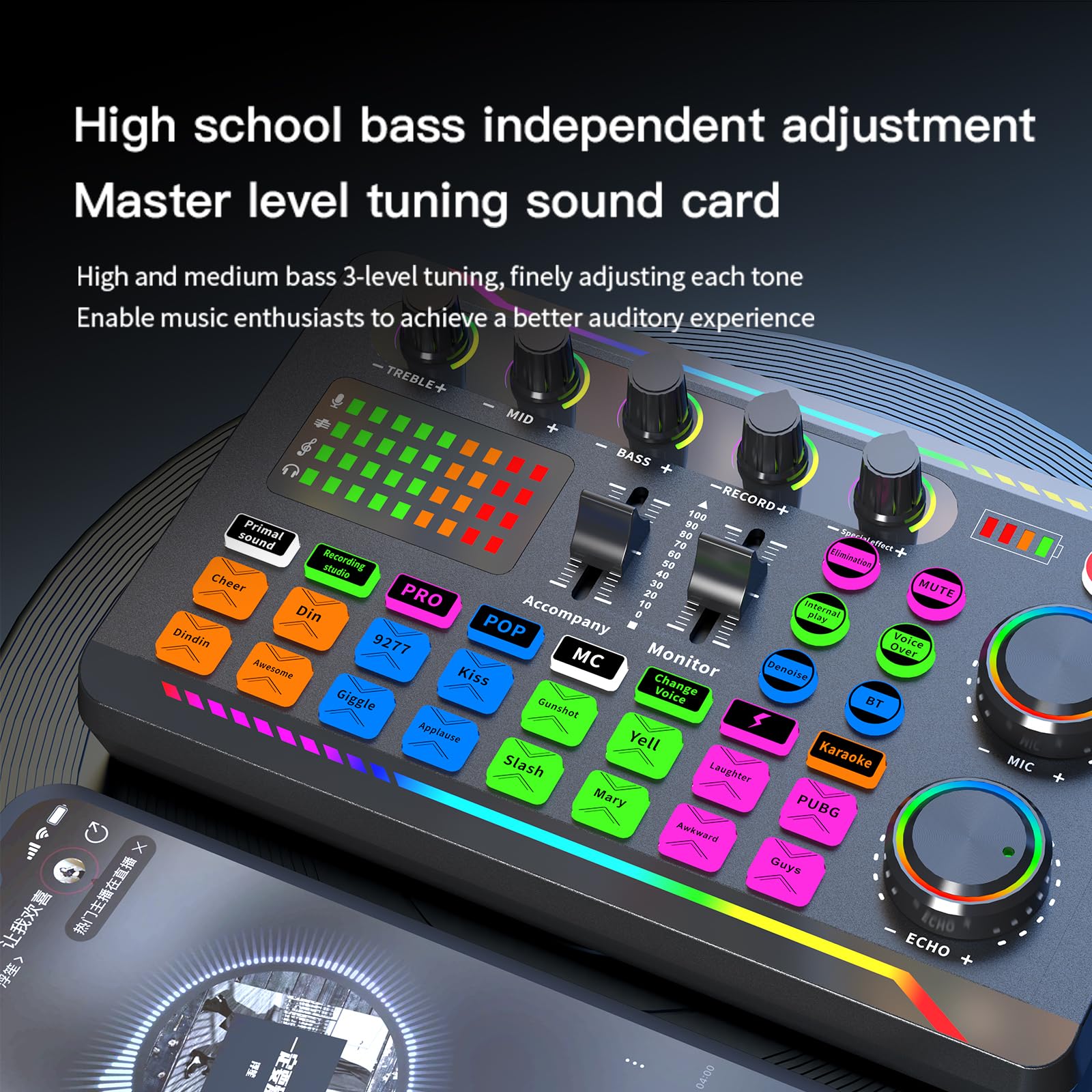Scheda audio dal vivo, mixer con 16 effetti di cambiamento del suono, DJ in streaming Bluetooth, per registrazione/podcasting/giochi/live streaming