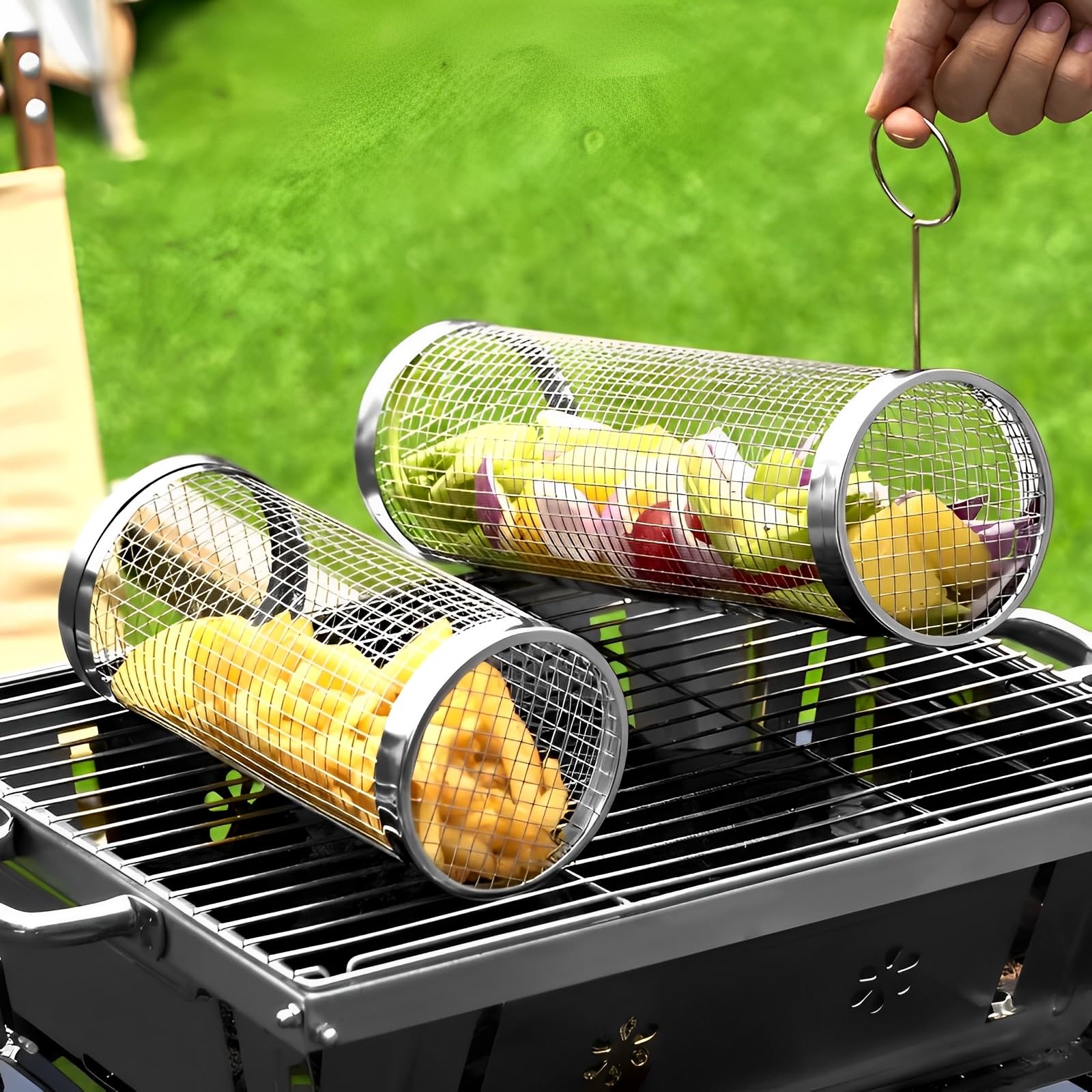 Lot 2 Paniers Barbecue Inox Cylindriques Avec Poignée Bois - Roulement 360° - Pour Légumes, Viande, Poissons, Fruits De Mer - Camping & Grillades