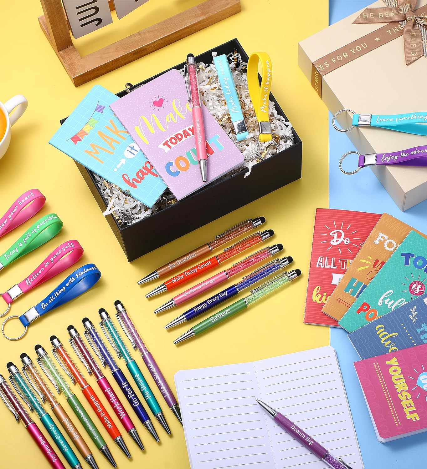 PerKoop 48 Pcs Inspirational Gifts Bulk VBS Notepads 3 x 5 Inch Motivational Ballpoint Pens Keychains Bulk Cute Colorful Journal Notebooks for Office Party Favor Supplies - Image 4