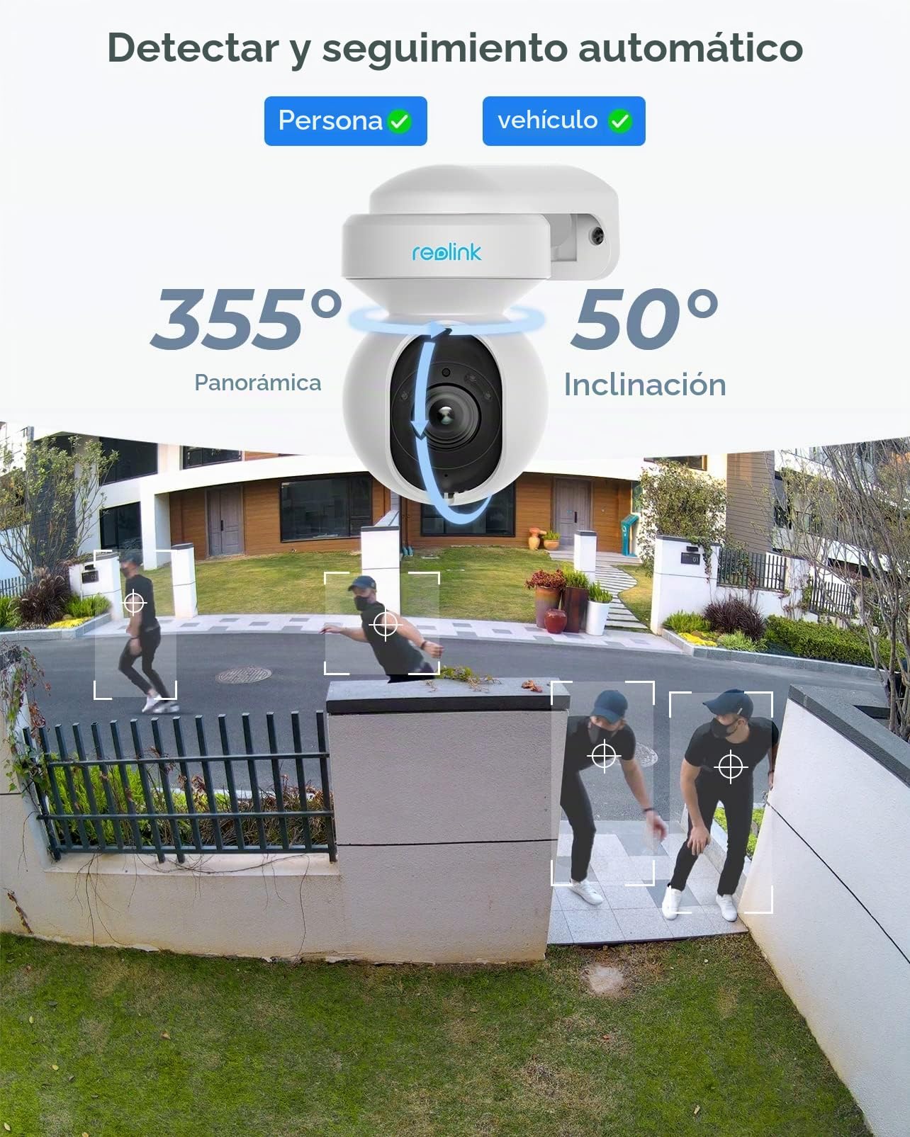 Reolink 5MP PTZ Camara Vigilancia WiFi Exterior con Seguimiento Automático, 2.4/5GHz WiFi Cámara con Detección de Personas/Vehículos, 3X Zoom Óptico, Visión Nocturna, E1 Outdoor (Reacondicionado)