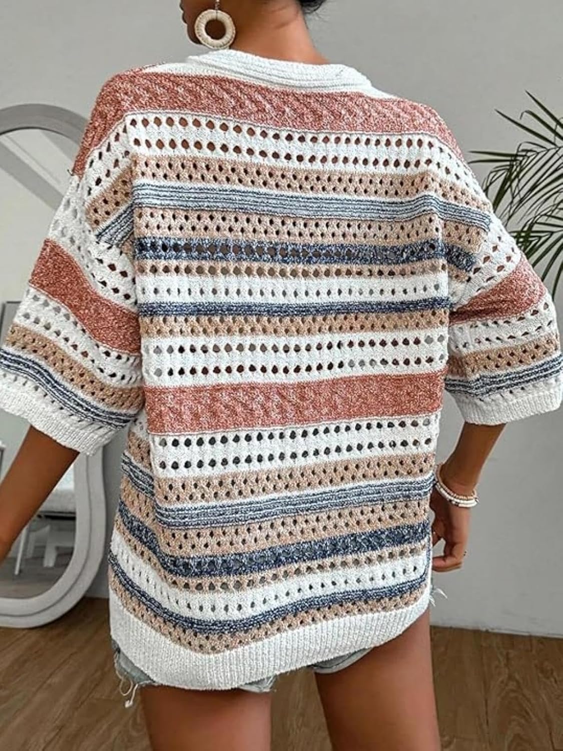 jonivey Womens 3/4 Sleeve V Neck Fall Casual Crochet Knit Sweater Hollow Out Striped Tops Vacation Outfits - Image 6