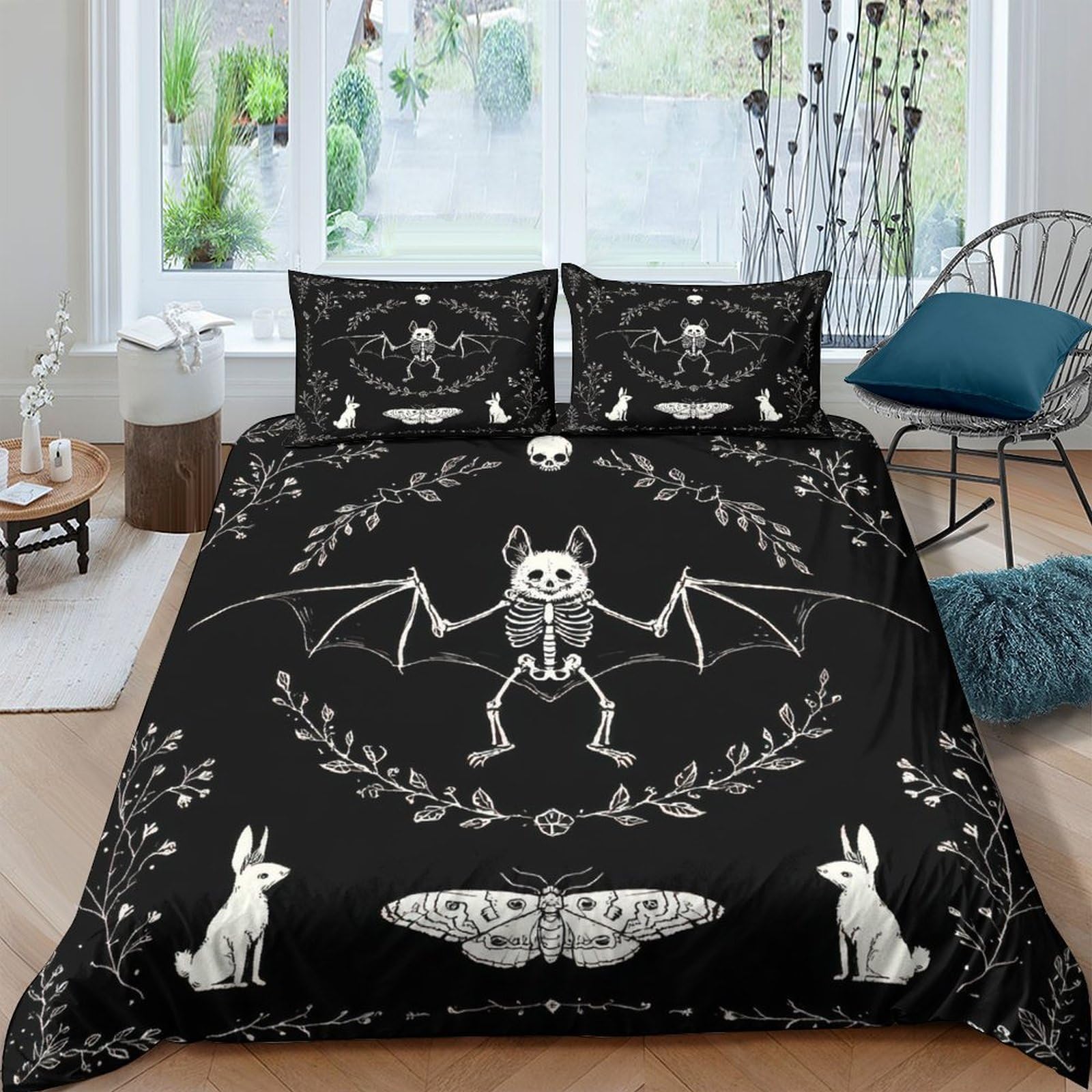 Ctjqhvkz Style-2 3D Printed Skeleton Bat Fitted Sheet Microfiber Soft Bedroom Decor Gothic Rabbit Moth Mattress Cover Protection Single（135X200cm）